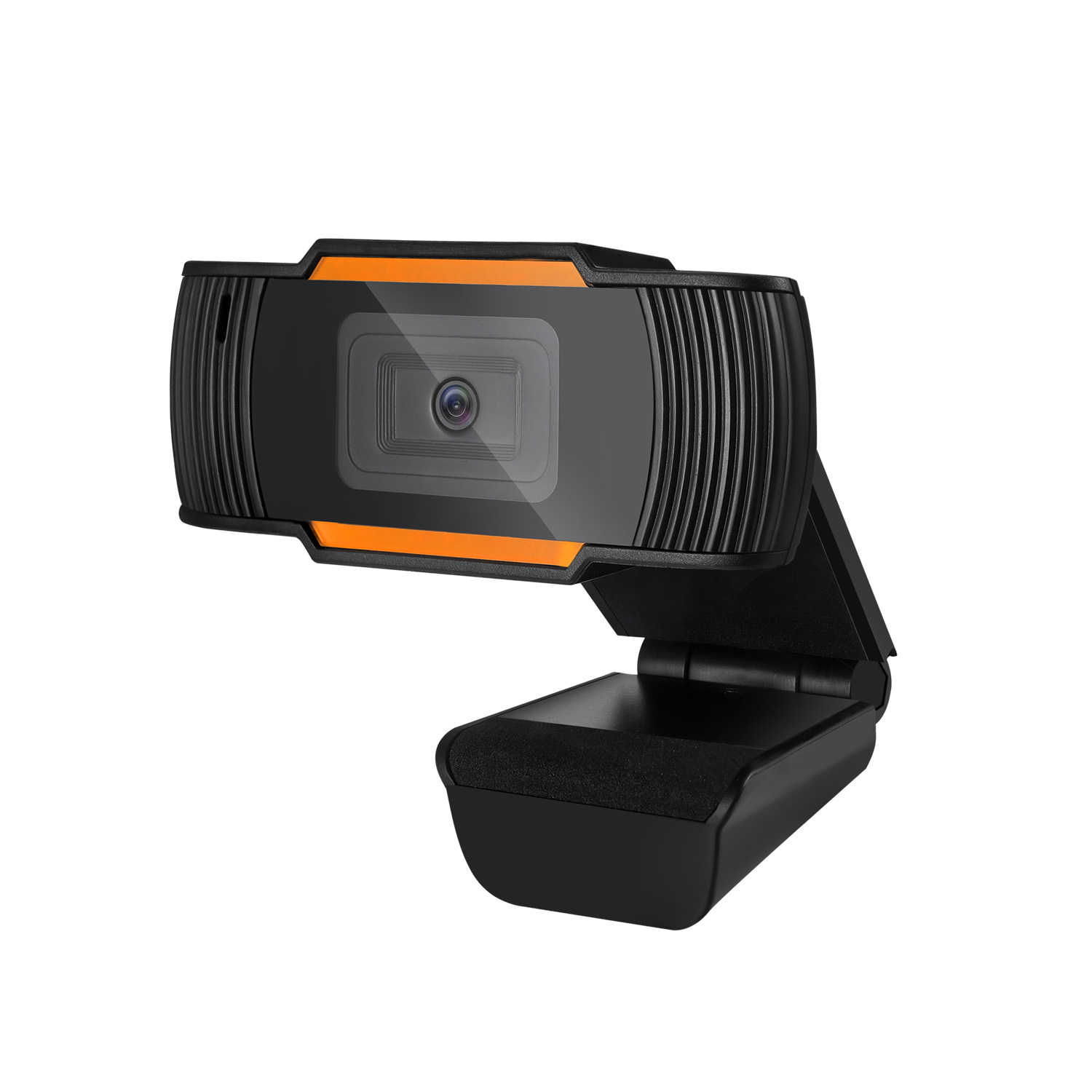 Schwarze Webcam mit orangefarbenen Akzenten und Ständer.