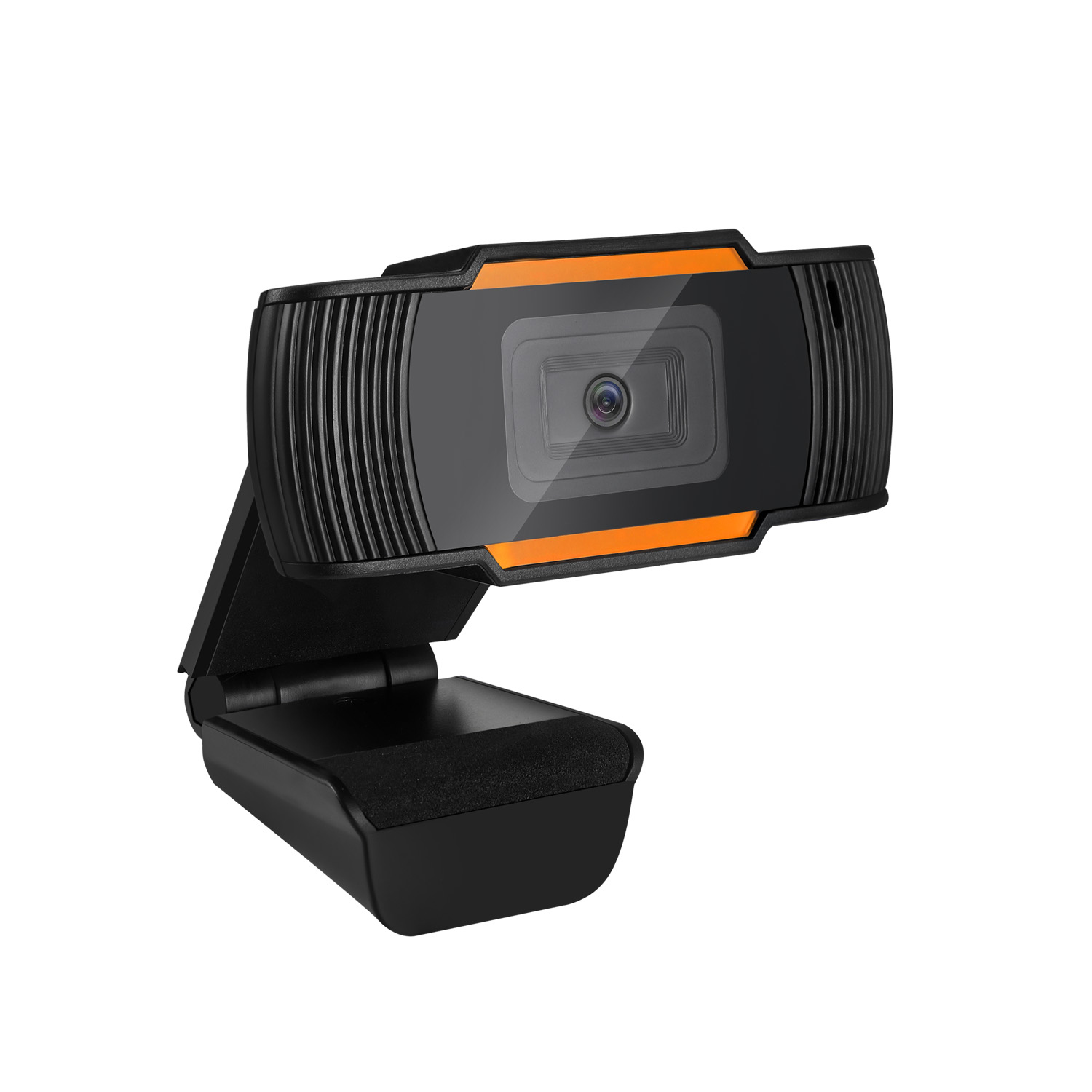 Schwarze Webcam mit orangefarbenen Akzenten. Auf einem Ständer montiert. Weißer Hintergrund.