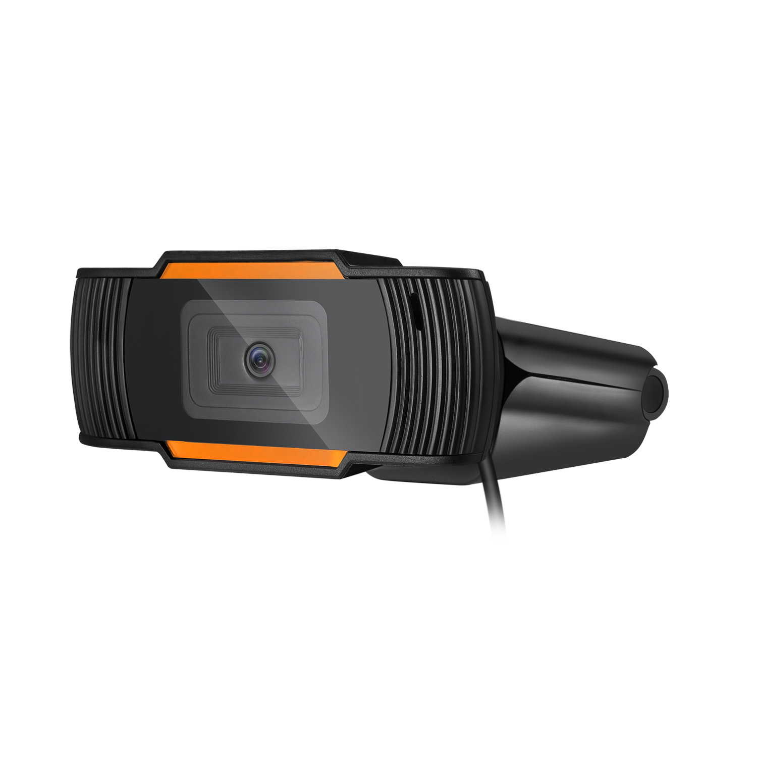 Schwarze Webcam, nach links geneigt. Sie hat orangefarbene Akzente.