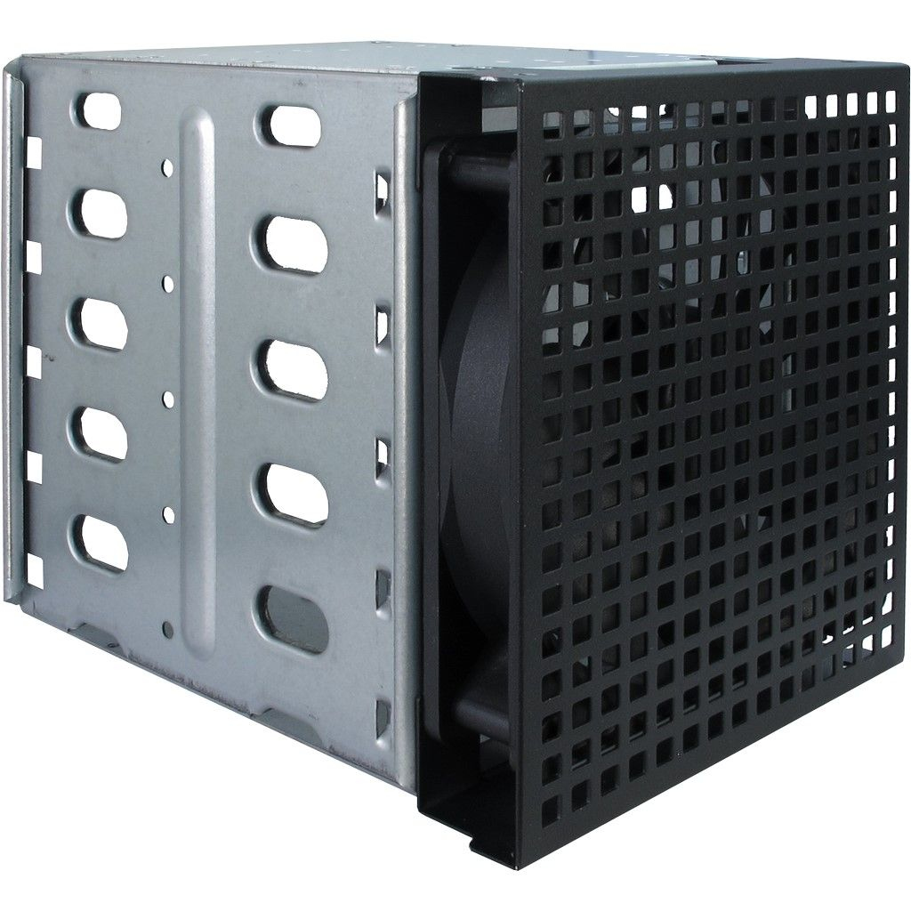 Gruppo ventola per computer in metallo e nero, vista laterale. Metallo perforato e copertura nera della ventola.
