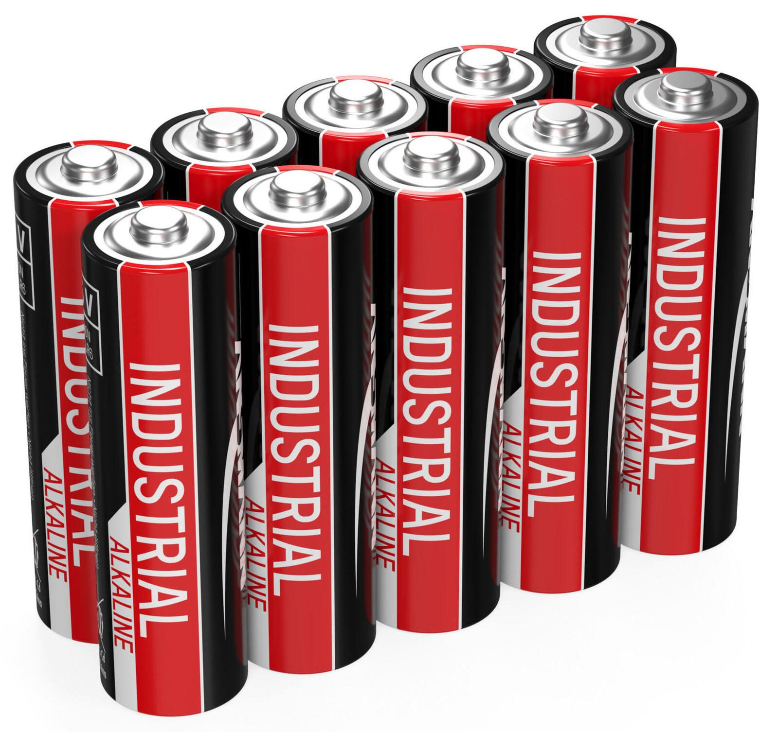 Un gruppo di batterie AA, con etichette nere e rosse, disposte in fila.