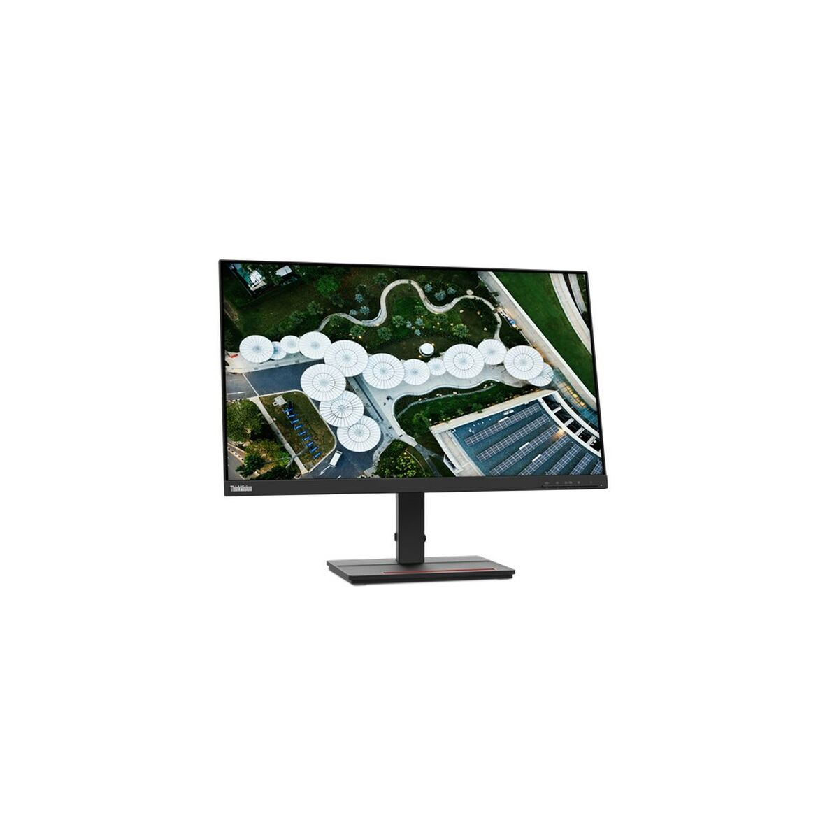 Monitor con imagen de vista superior del edificio en un soporte.