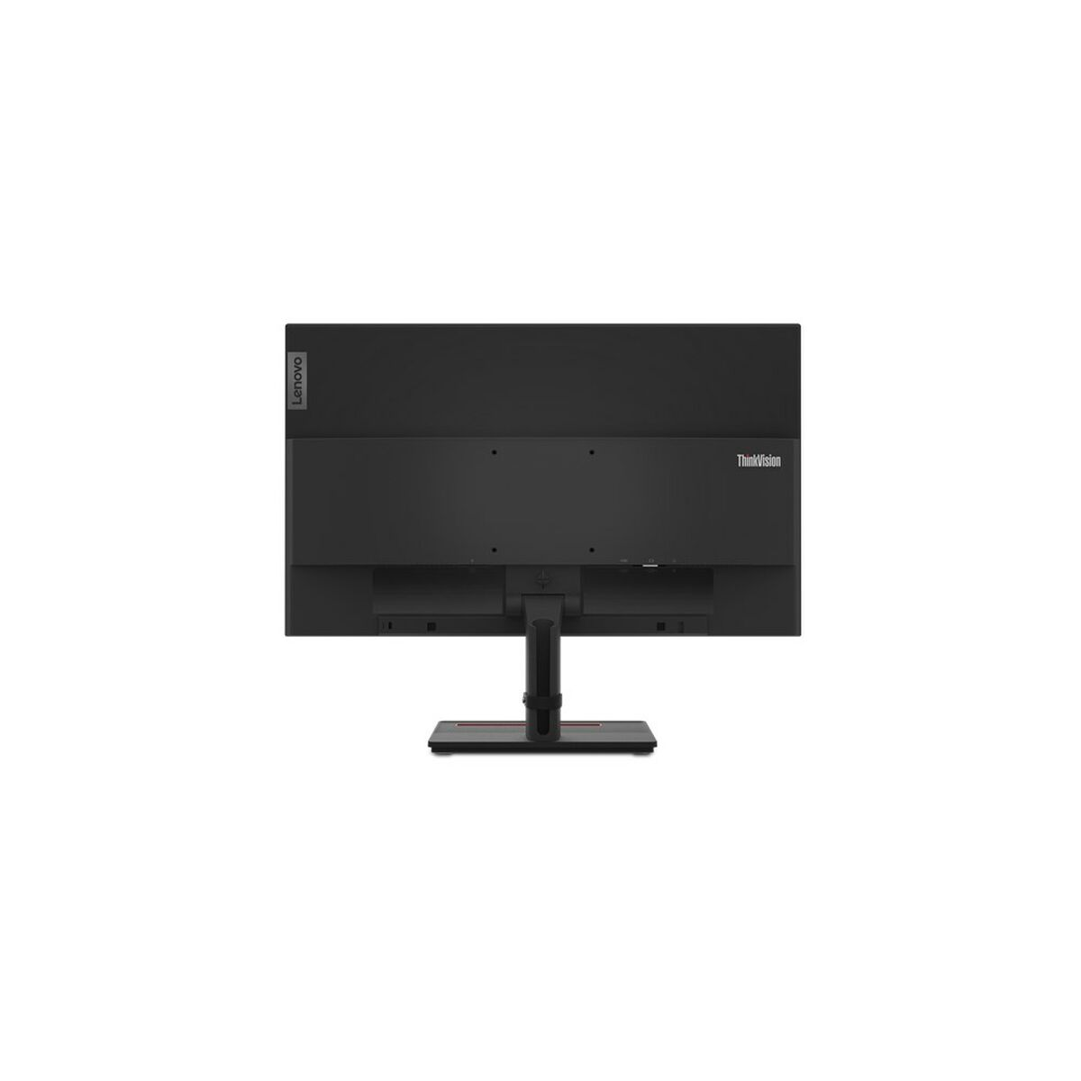 Monitor negro, vista trasera, con logotipo de Lenovo y soporte.