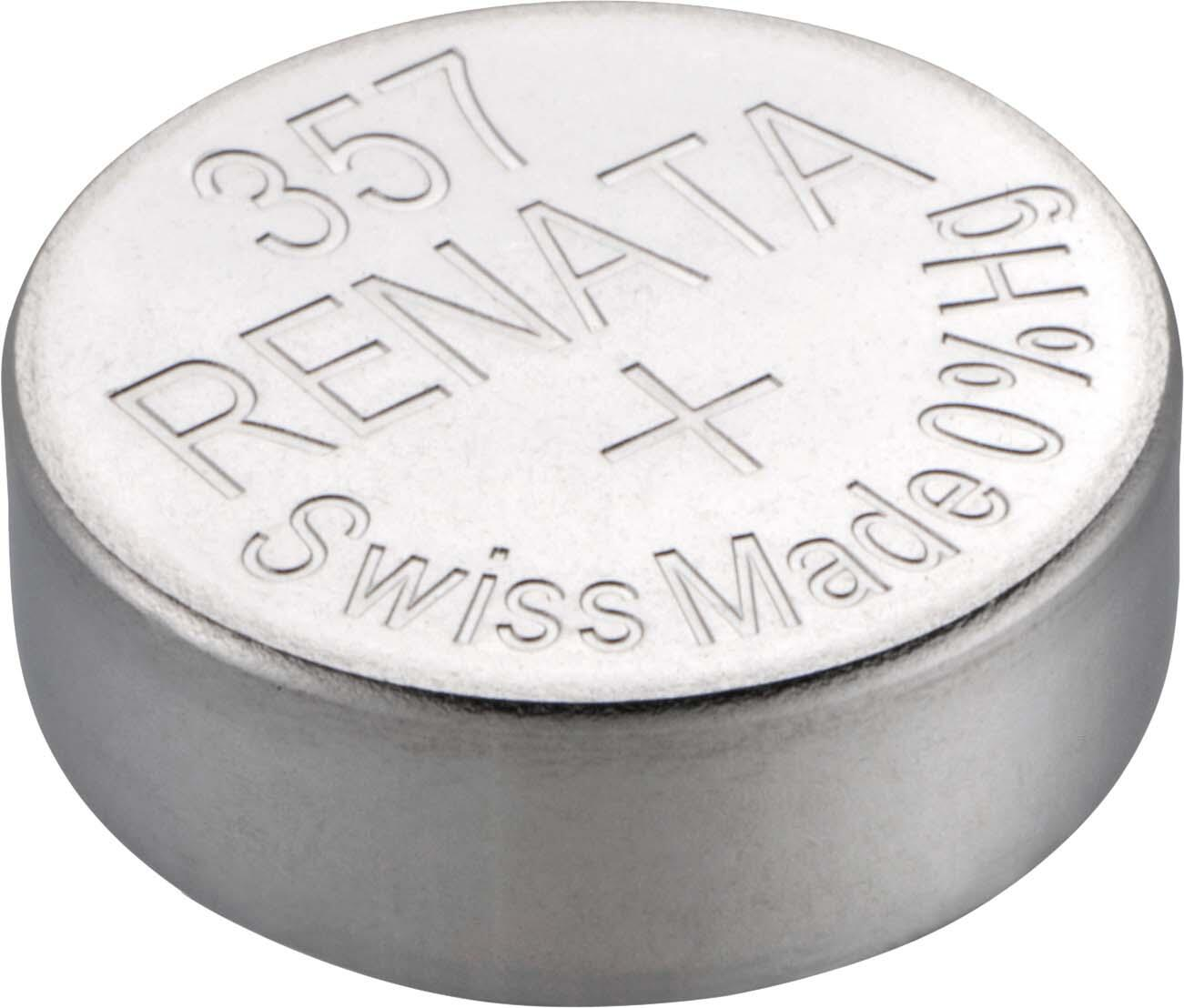 Kleine, silberne Renata 357 Batterie. Der Text '357 RENATA +' und 'Swiss Made' ist sichtbar.