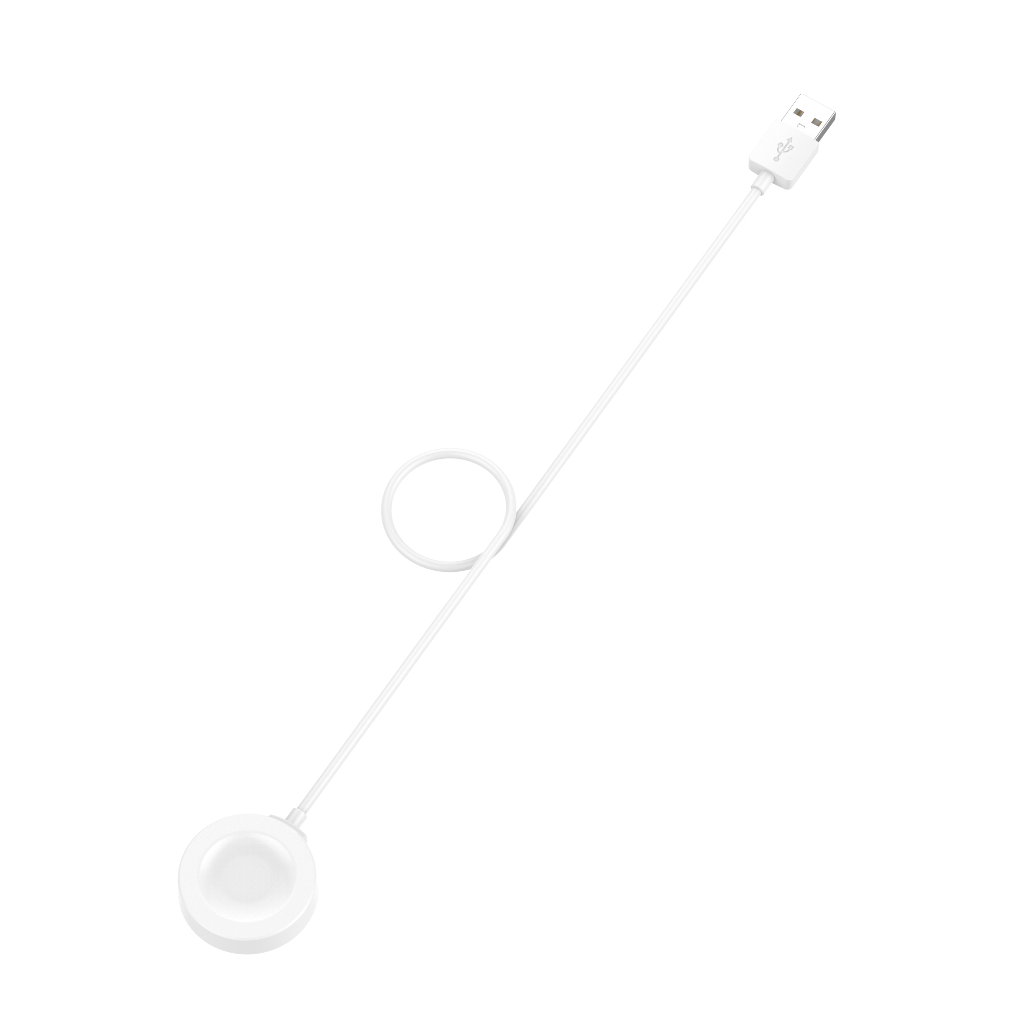 Biały kabel ładowarki USB z okrągłą podkładką ładującą.