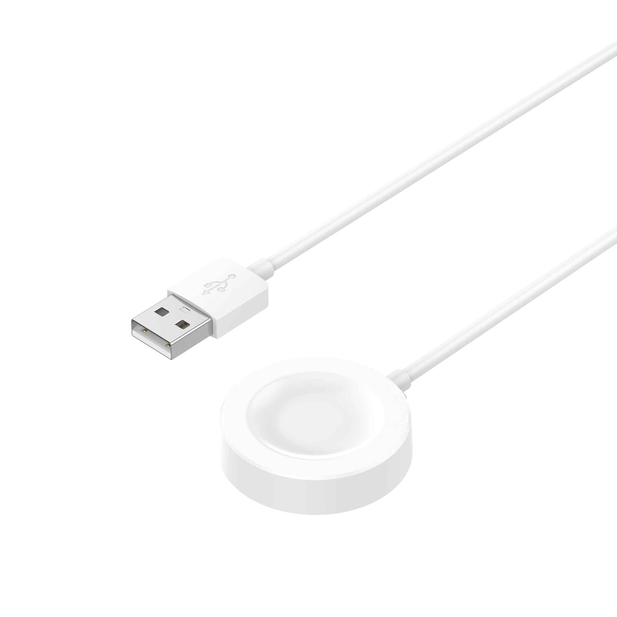 Biały kabel USB do ładowania i podkładka ładująca. Białe tło.