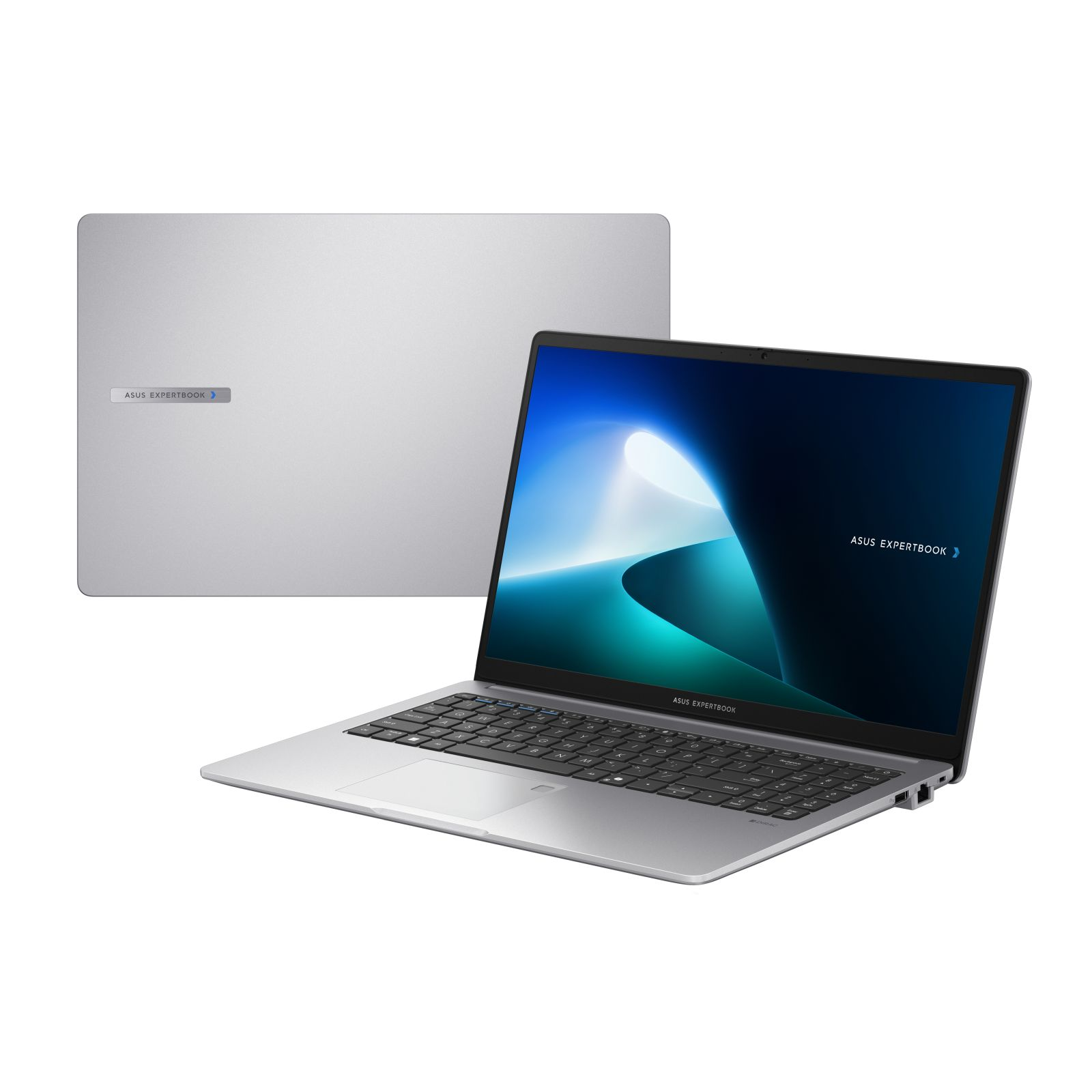 Srebrny laptop, otwarty, dwa kąty, na białym tle. Ekran wyświetla niebiesko-biały obraz abstrakcyjny.