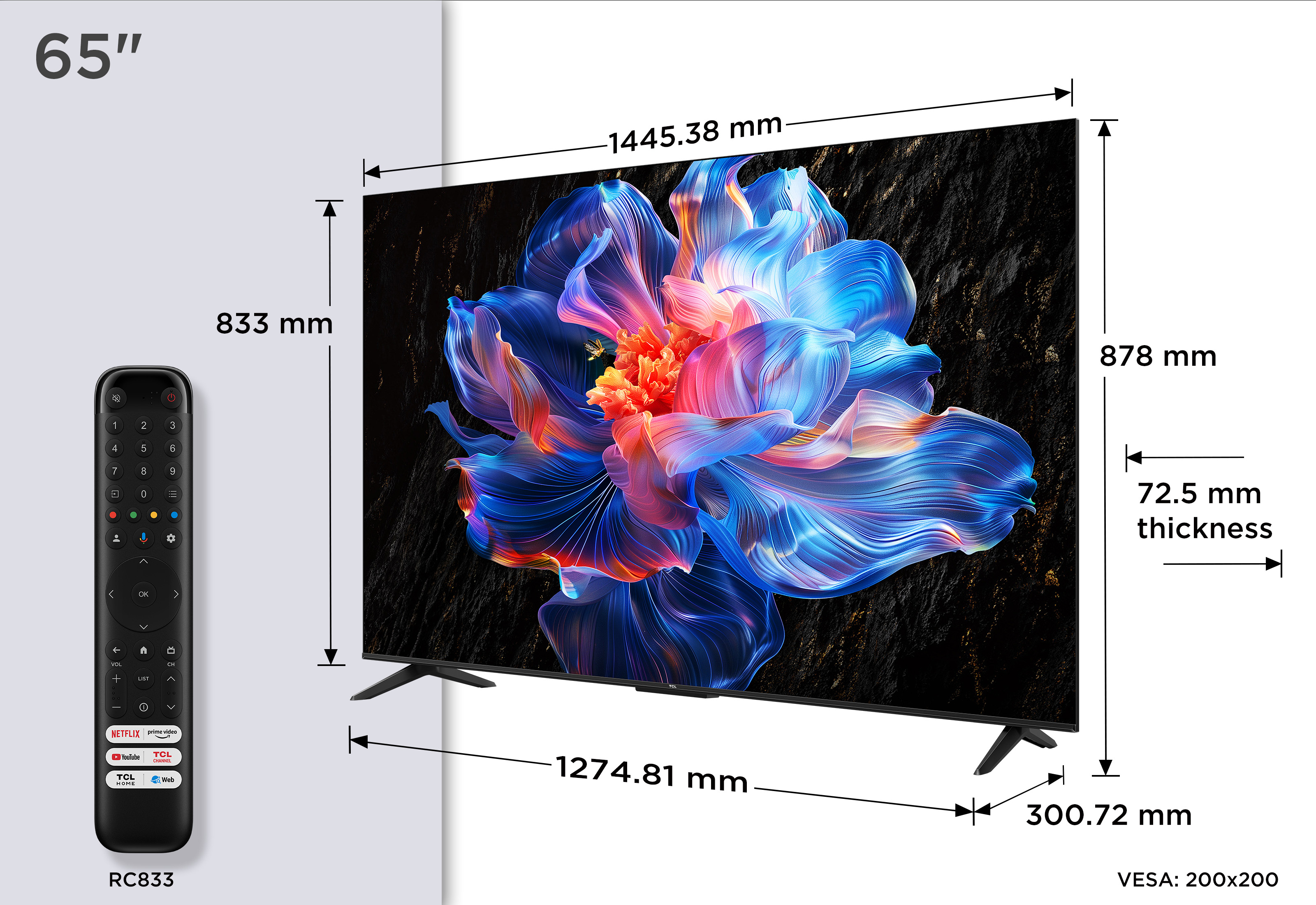 Telewizor TCL 65" z wymiarami, pilotem i obrazem w kształcie kwiatu na ekranie.