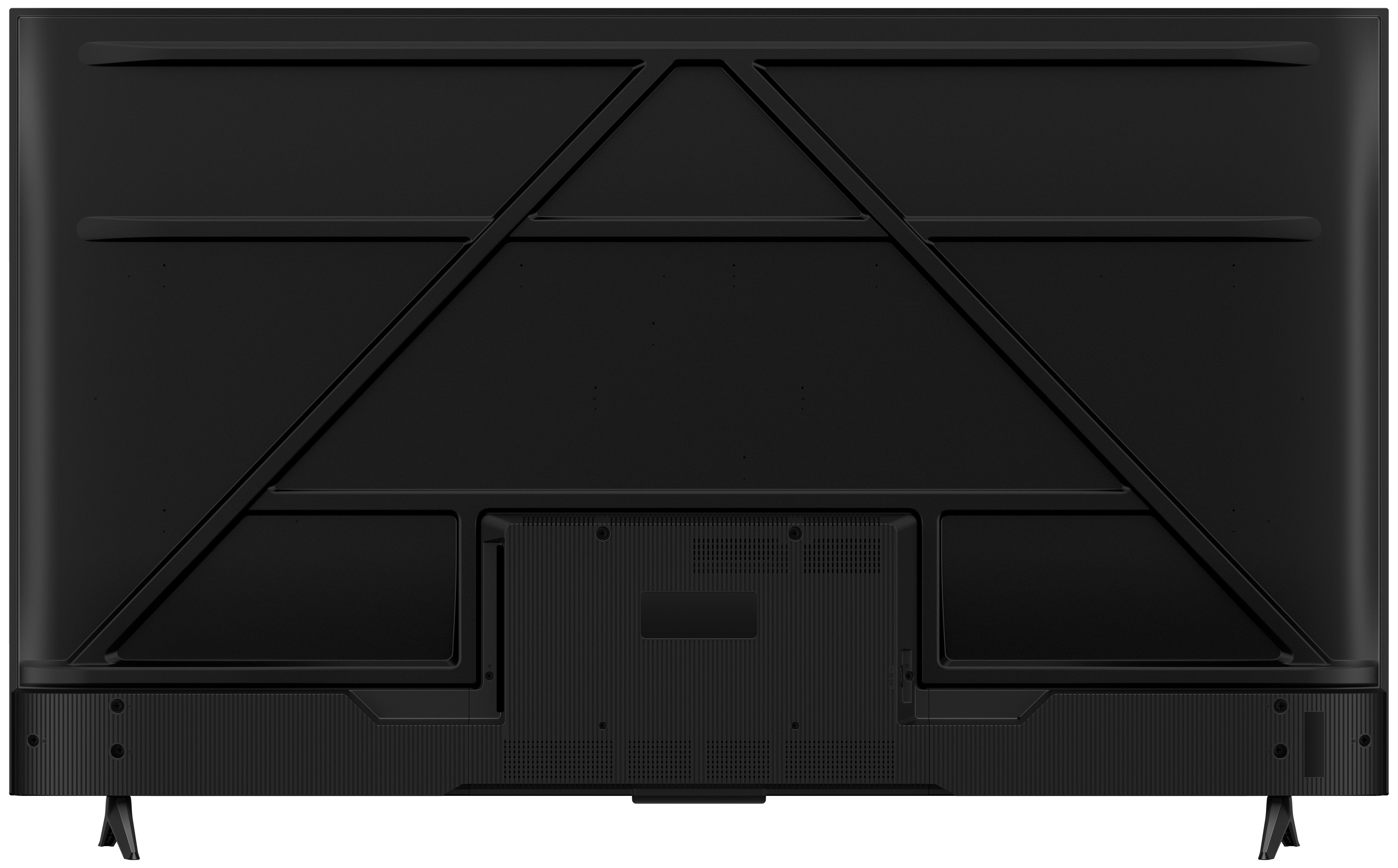 Tył czarnego telewizora z metalową ramą do montażu. Czarna podstawa i nóżki.