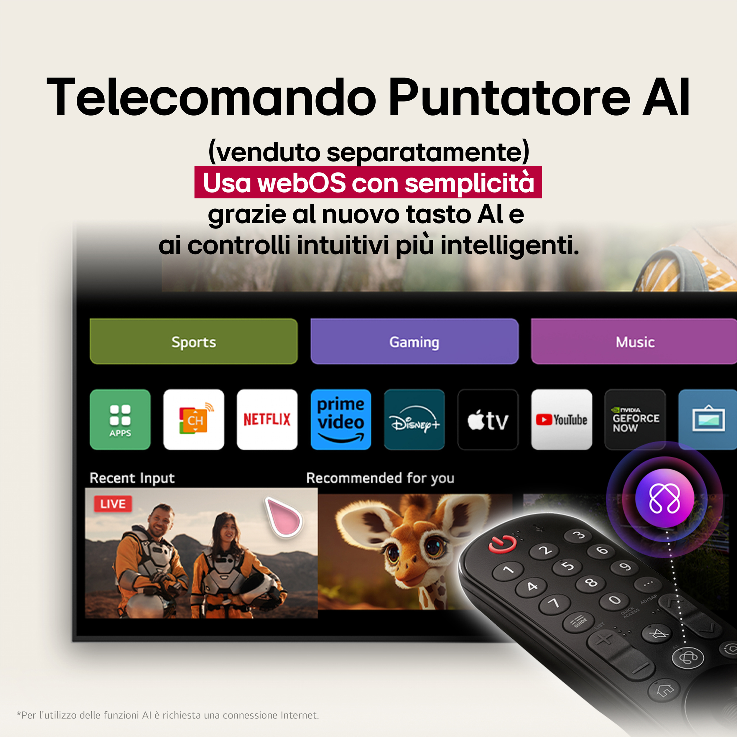 Ekran telewizora z interfejsem użytkownika, ikonami aplikacji i pilotem na pierwszym planie.