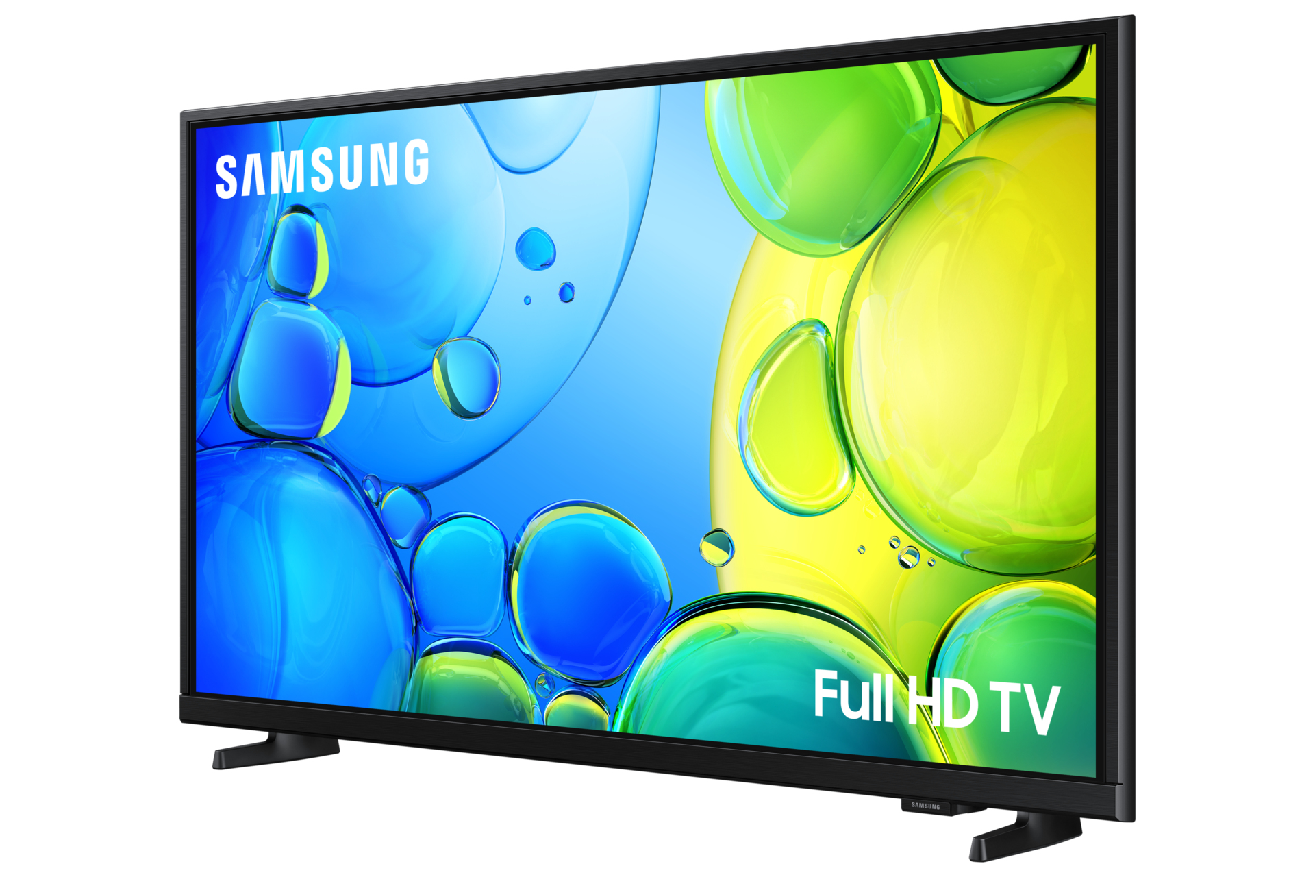 Telewizor Samsung wyświetla niebieskie i żółte abstrakcyjne kształty z tekstem 'Full HD TV'.