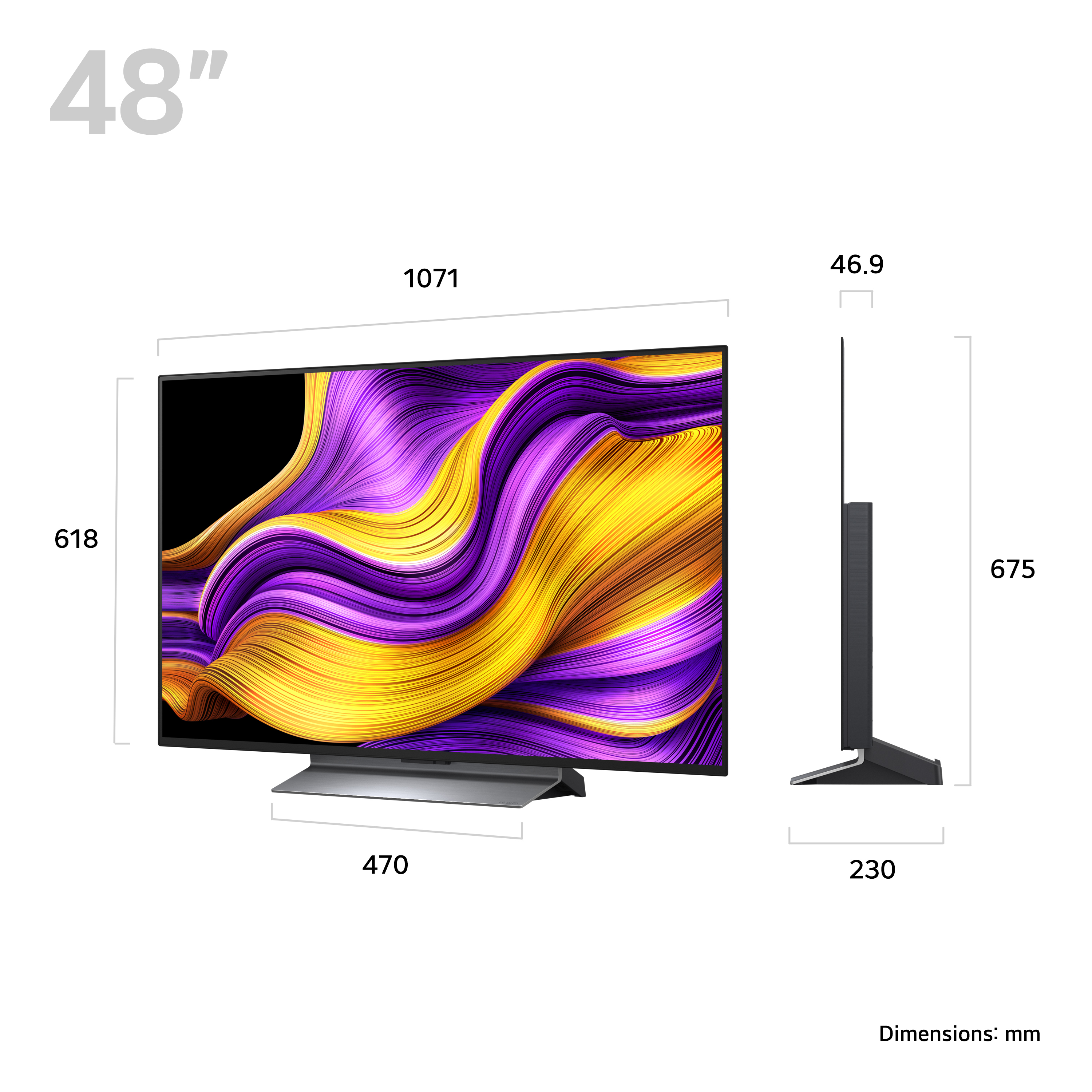 TV da 48 pollici con dimensioni e un design colorato.