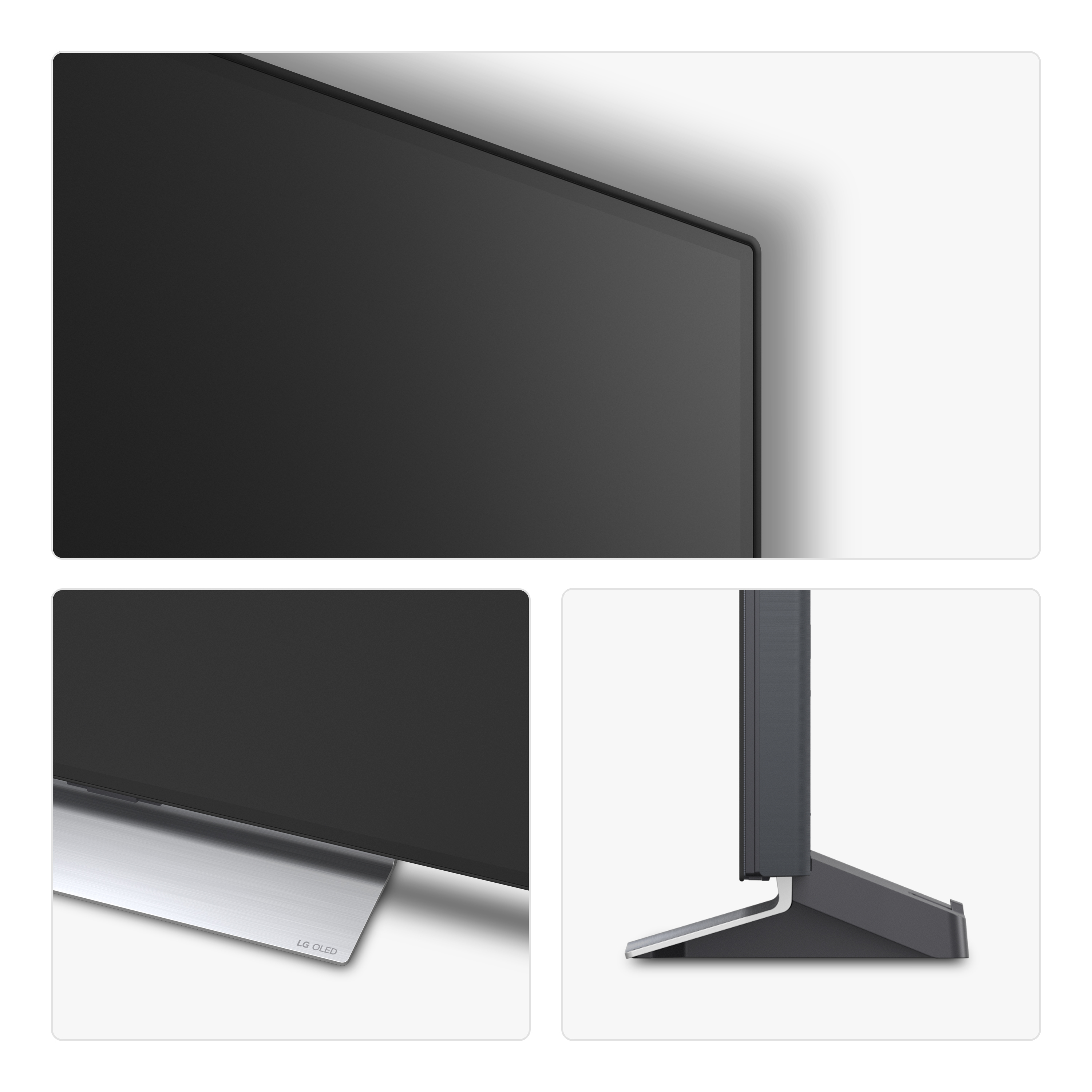 Primi piani di una TV nera. Dettagli dello schermo, del supporto e del telaio sono visibili su sfondo bianco.