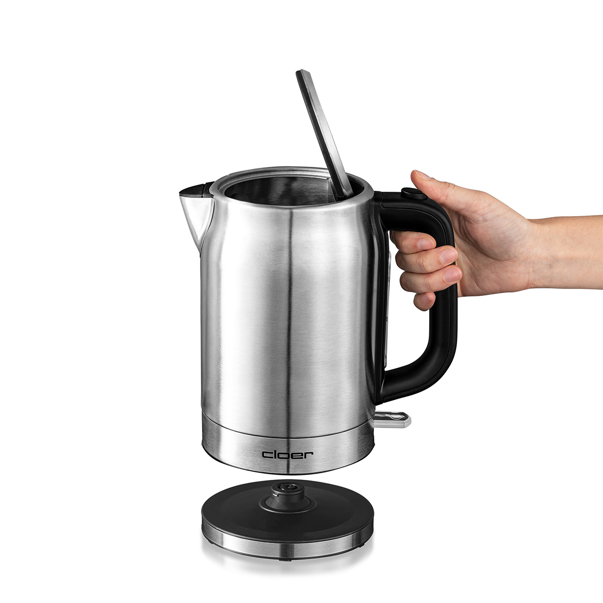 Czajnik ze stali nierdzewnej z uchwytem, otwartą pokrywą i odłączoną podstawą.