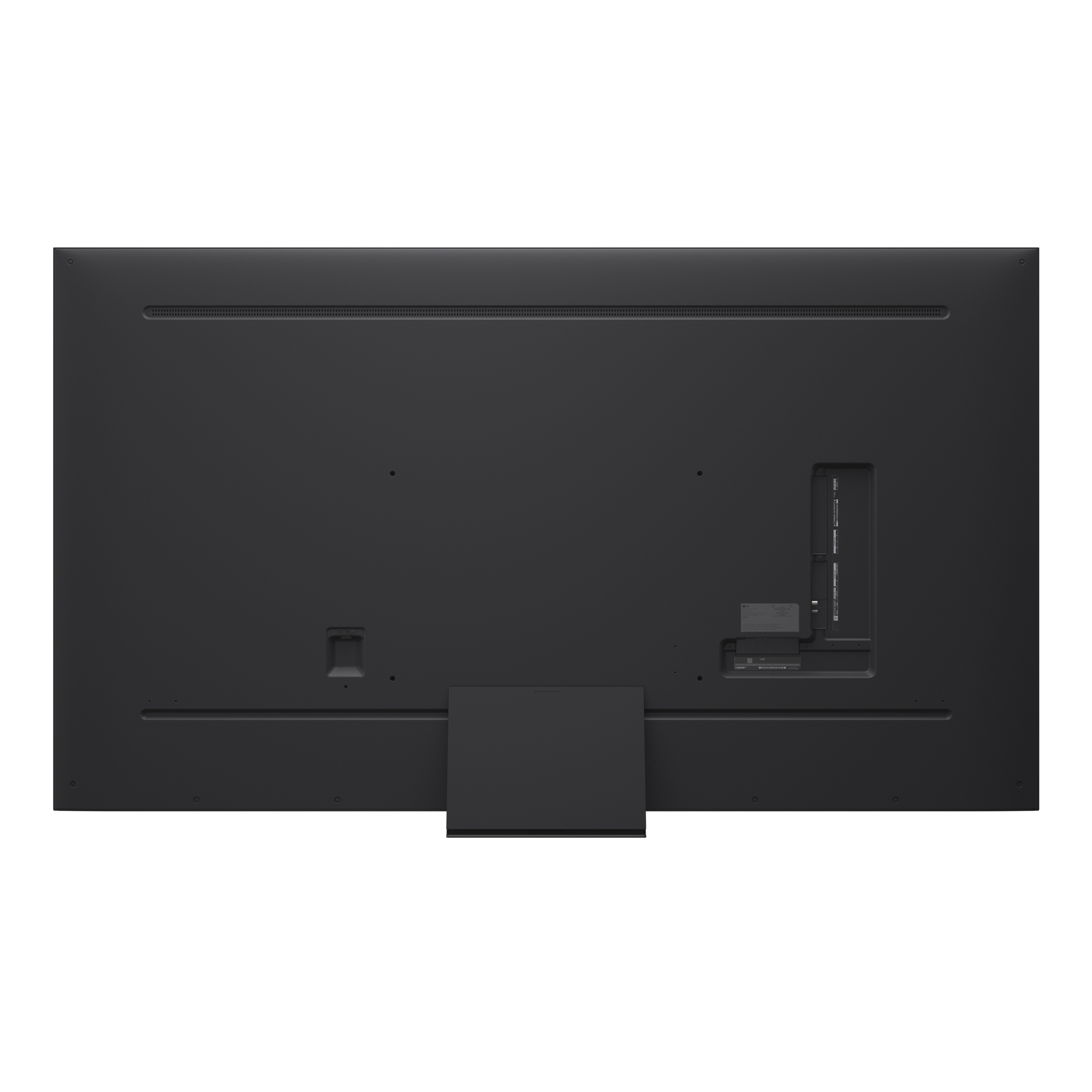 Widok z tyłu czarnego telewizora, pokazujący porty i połączenie ze stojakiem.