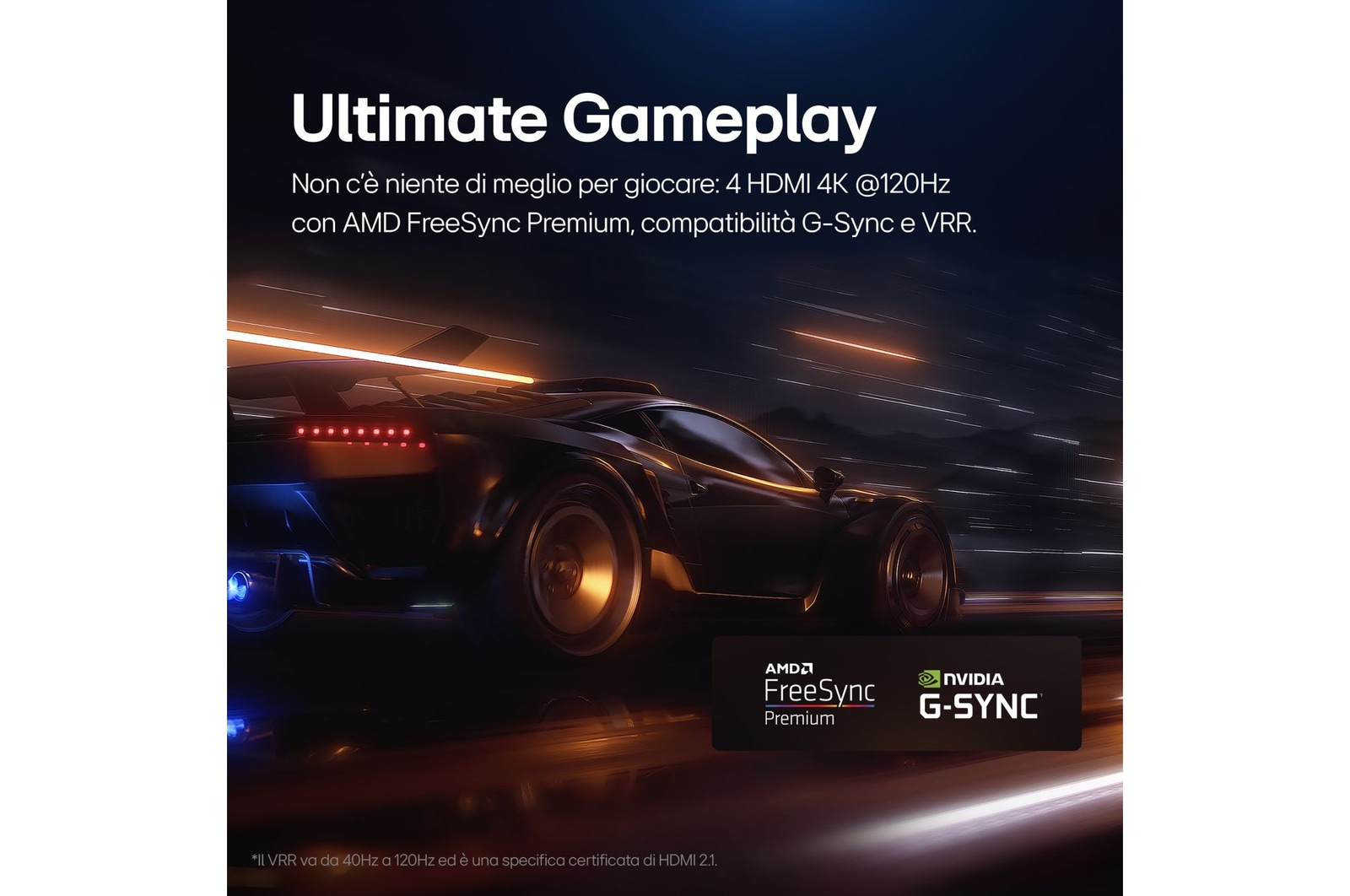 Une voiture noire élégante traverse une scène sombre avec les logos AMD FreeSync et NVIDIA G-SYNC.