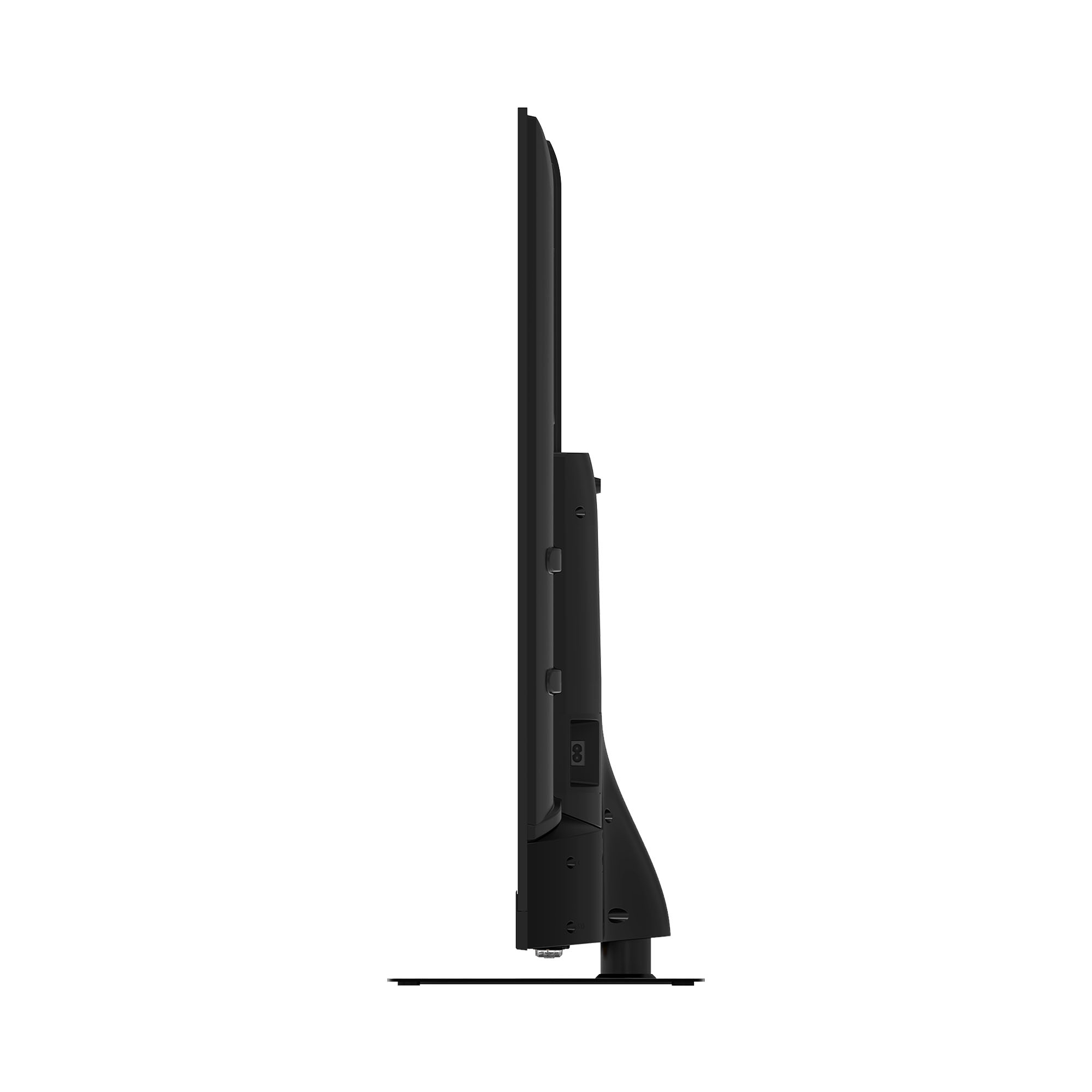 Vista laterale di una TV nera con supporto. Design pulito, porte e un aspetto elegante.