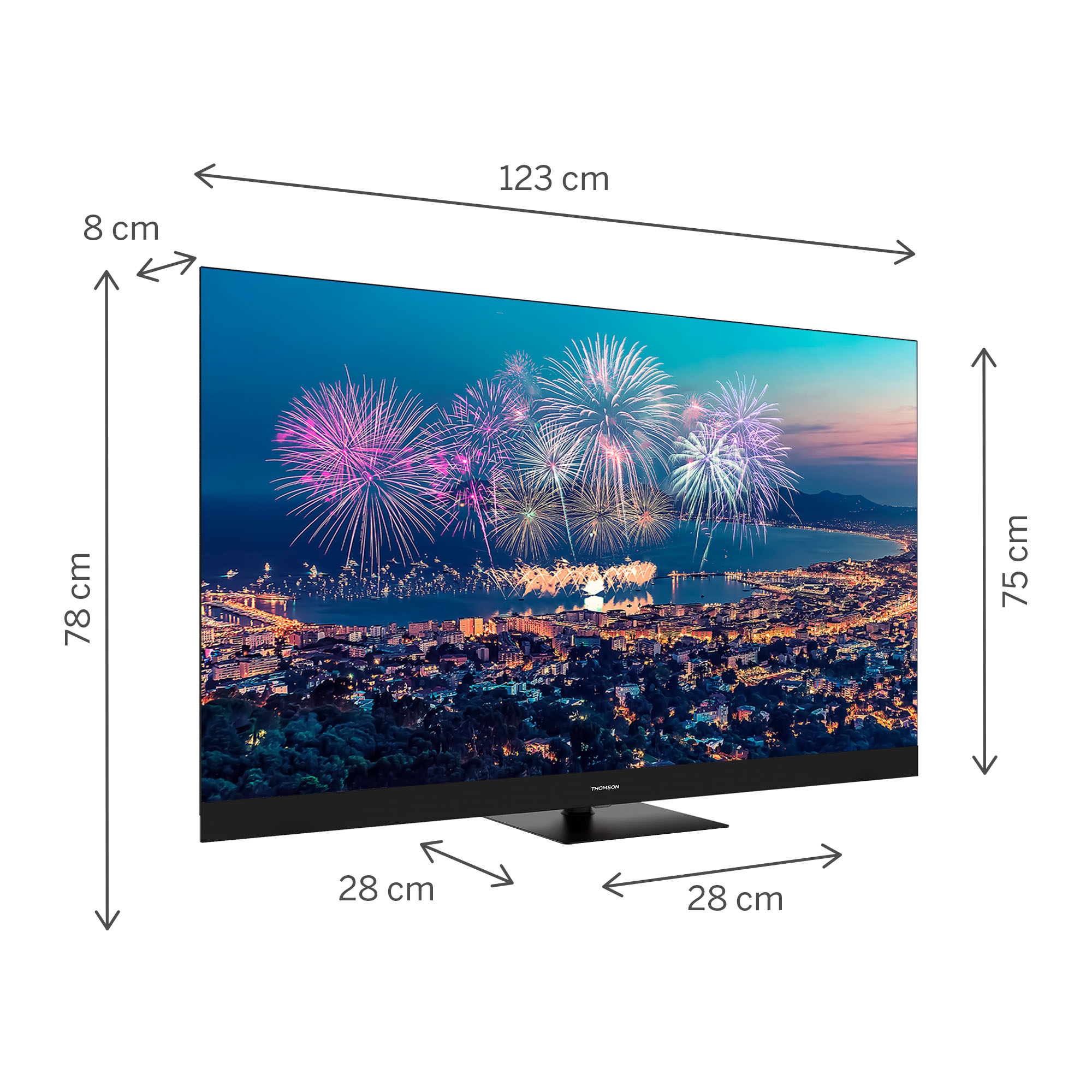TV mostra fuochi d'artificio su una città. Dimensioni: 123cm, 78cm, 8cm e 75cm.
