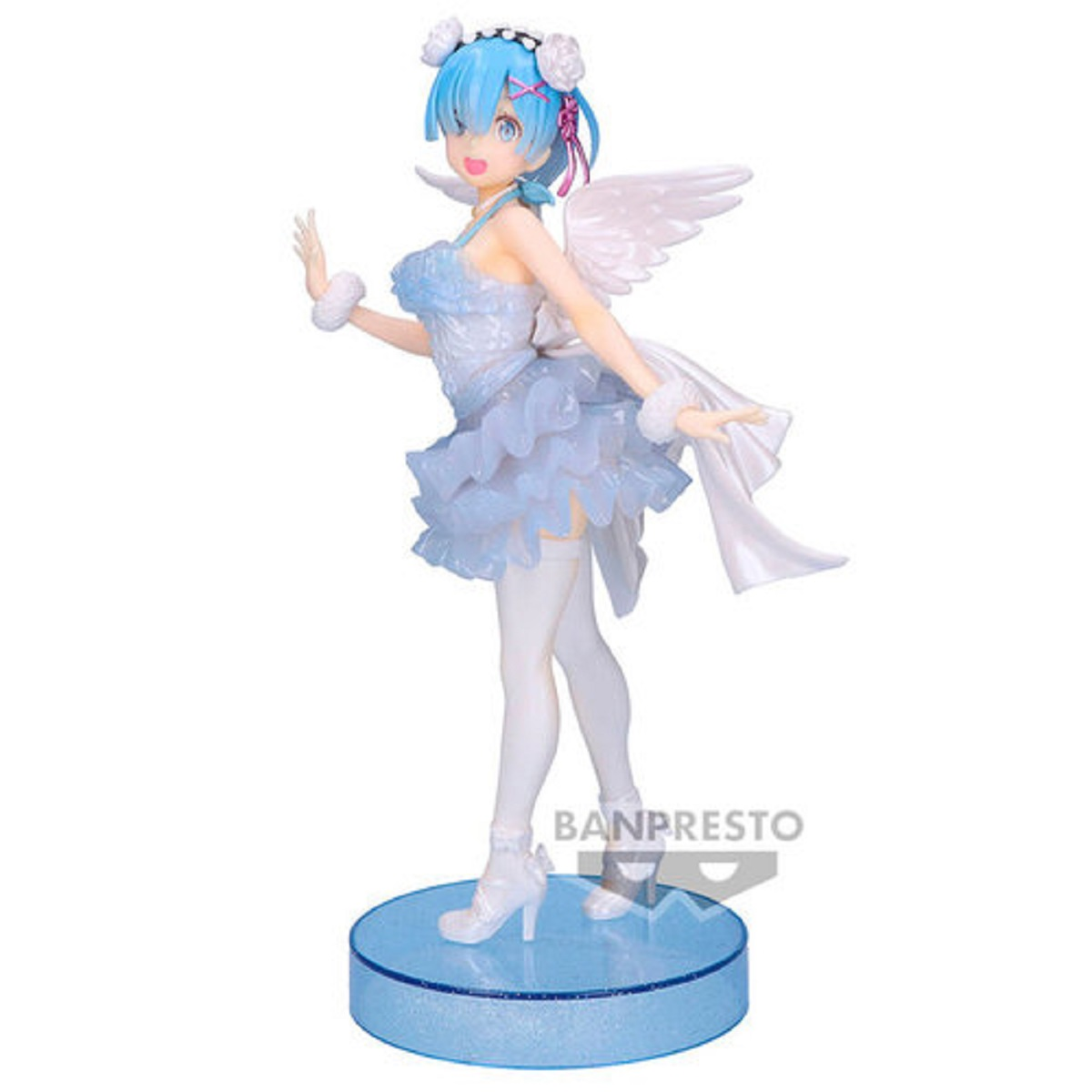 Figur einer Anime-Figur Rem mit blauen Haaren, weißem Kleid und Engelsflügeln.
