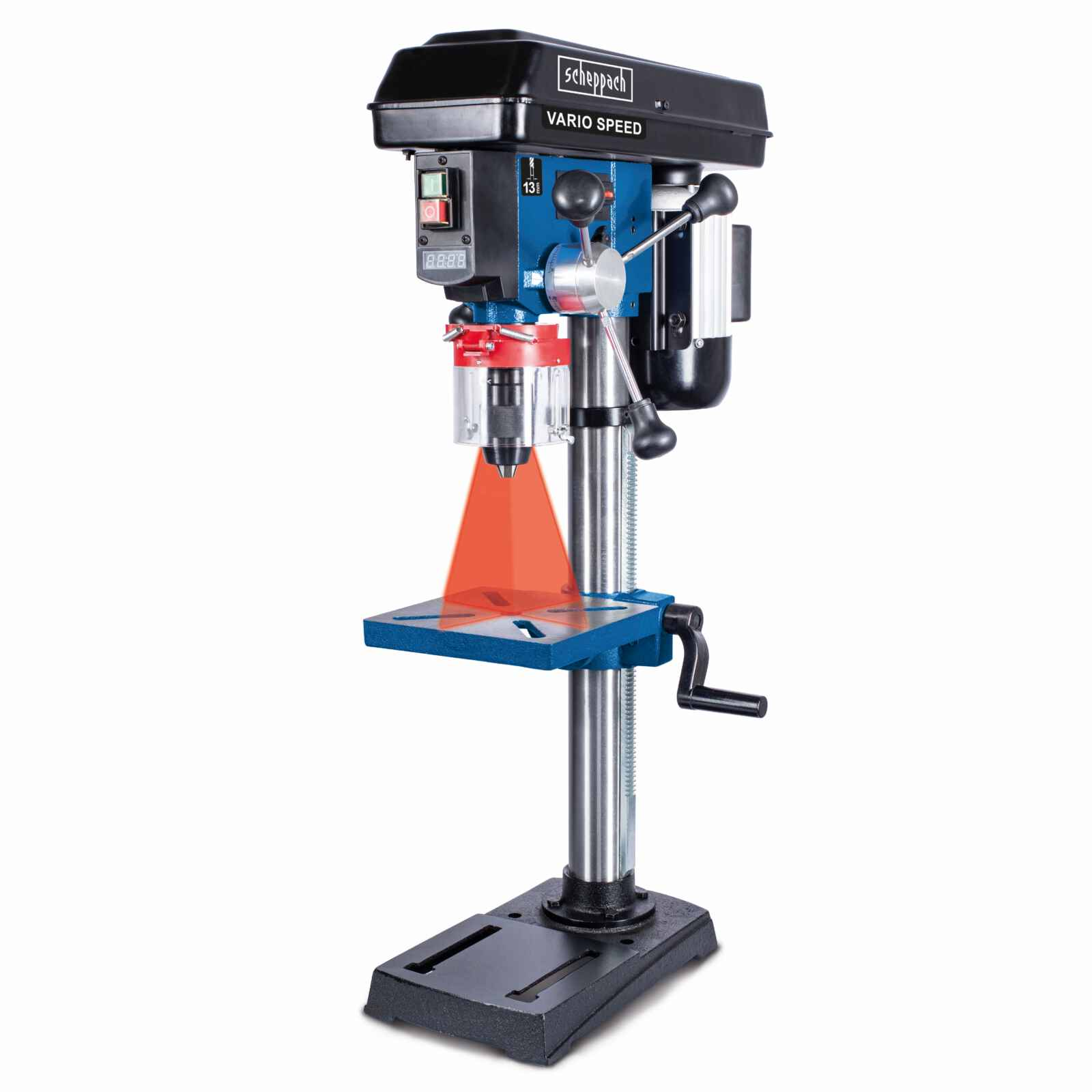 Eine Bohrmaschine, blau und schwarz, mit einem roten Laserpointer, der einen Strahl aussendet.