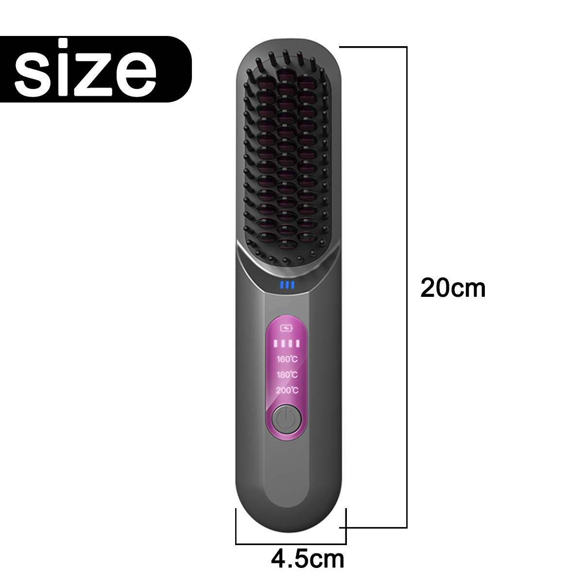 Haarglättungsbürste mit Abmessungen: 20 cm lang, 4,5 cm breit. Temperatureinstellungen sind sichtbar.