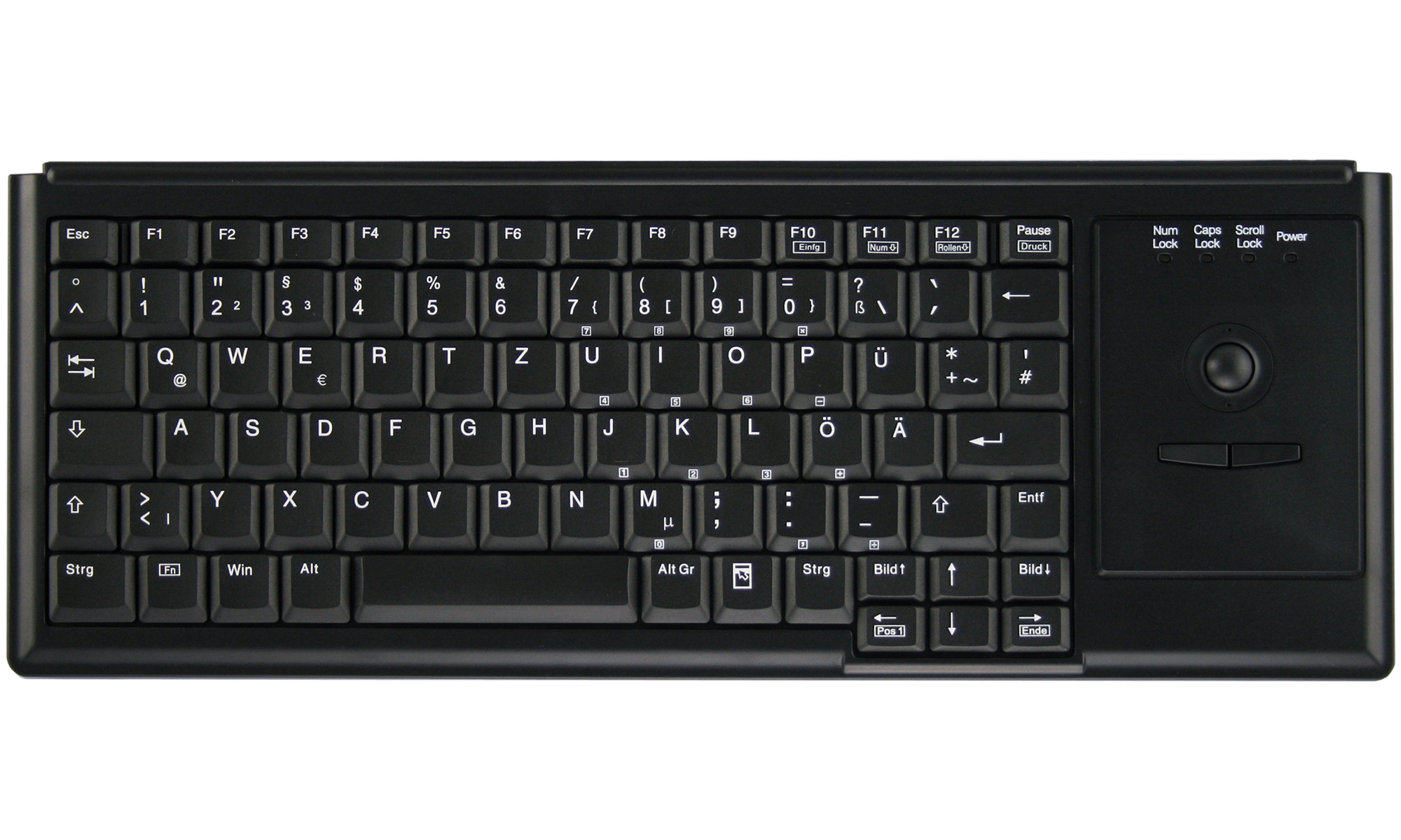 Tastiera nera con trackball e area mouse. La tastiera ha vari tasti e funzioni.