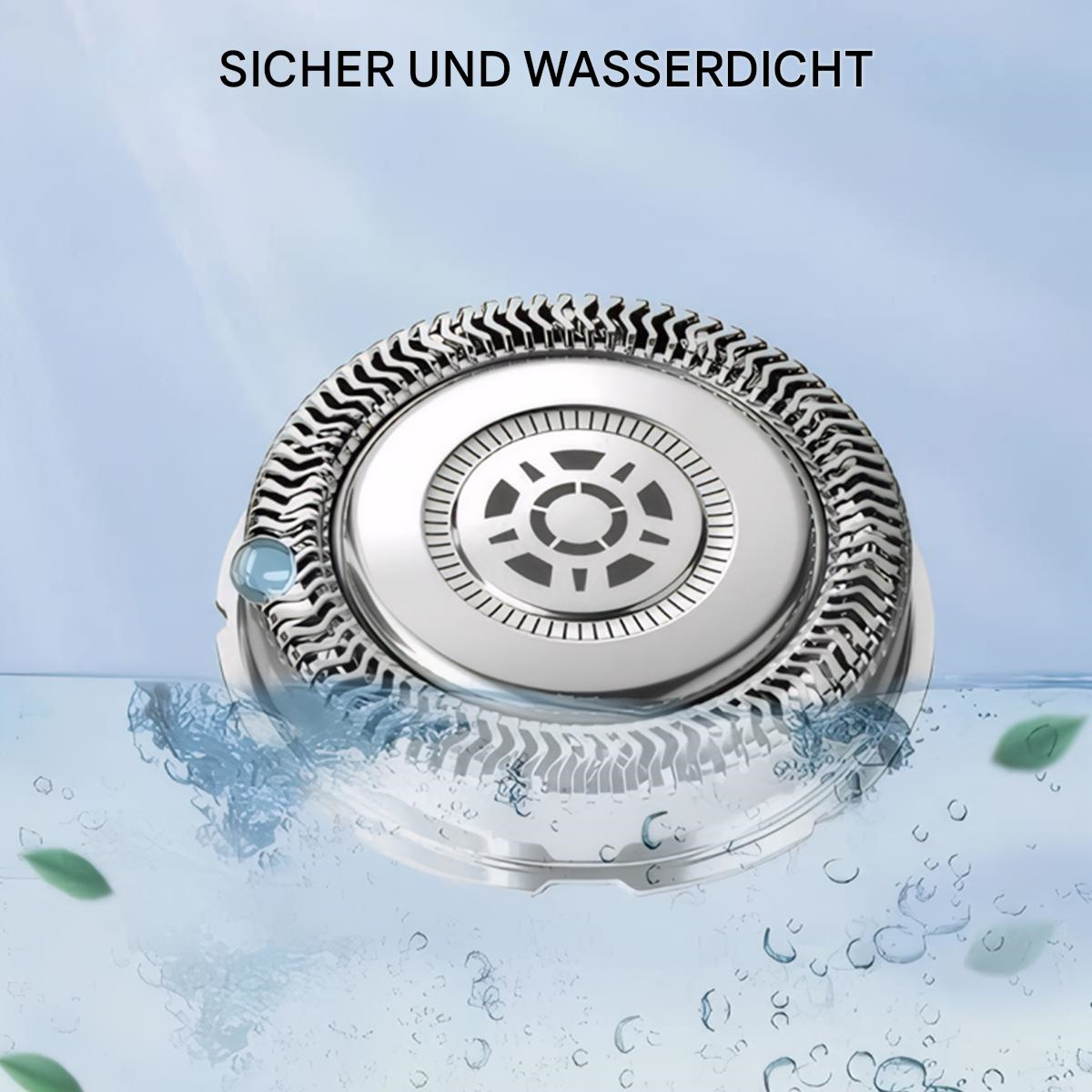 Ein silberner Rasiererkopf unter Wasser mit grünen Blättern, Text sagt, er ist sicher und wasserdicht.