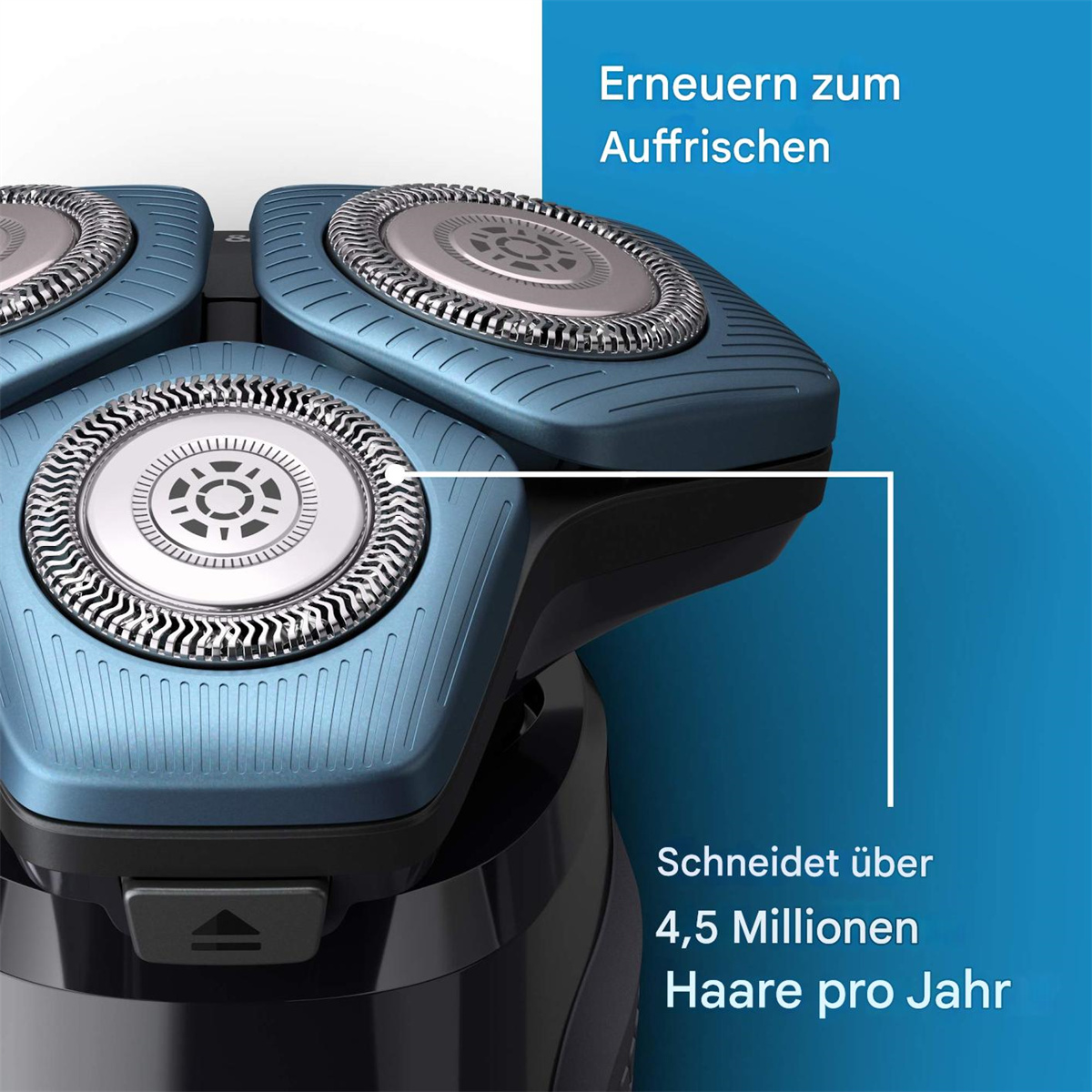 Nahaufnahme eines Rasiererkopfes mit Text und Bildern auf blauem Hintergrund.