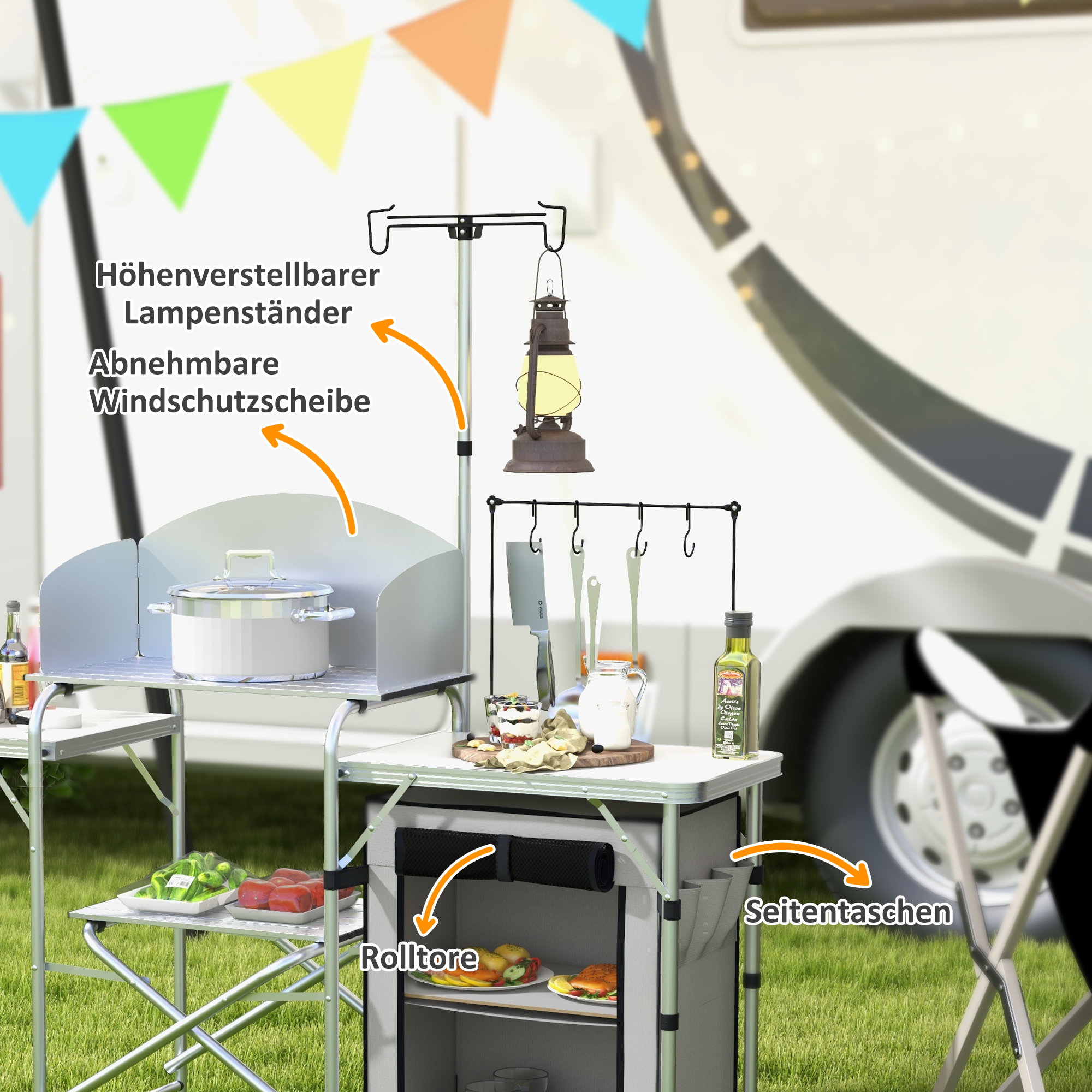 Campingküche mit Herd, Stauraum und Zubehör. Ein Banner und ein Wohnmobil im Hintergrund.