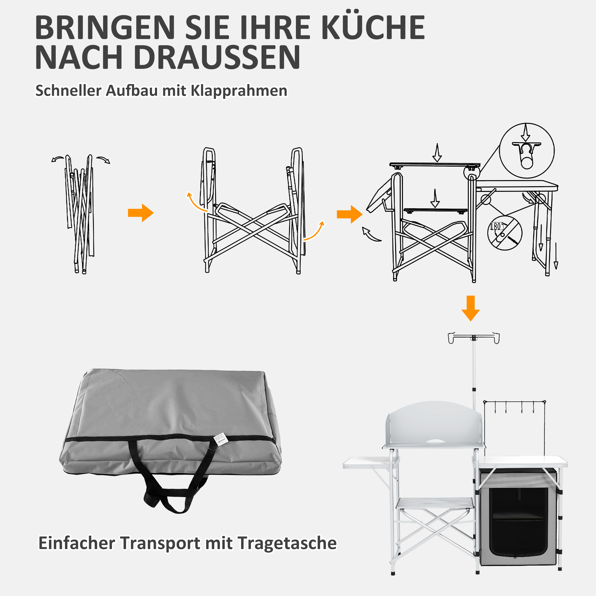 Diagramm, das das Zusammenklappen und den Aufbau einer Campingküche mit Tragetasche zeigt.