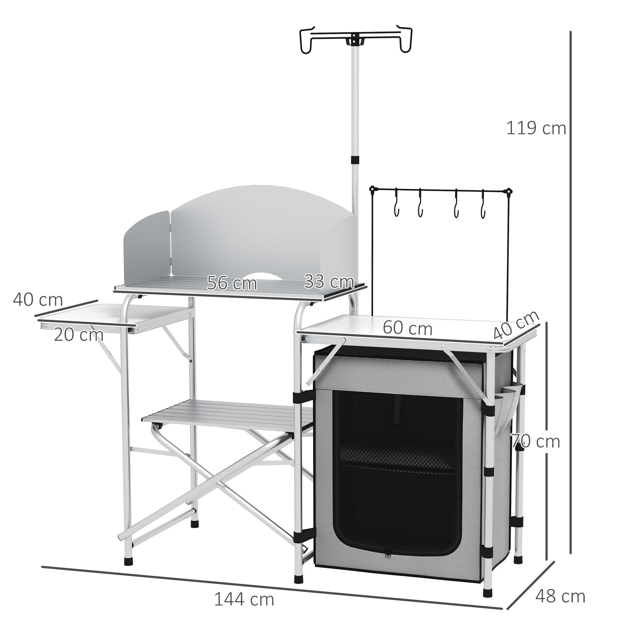 Detaillierte Abmessungen eines Campingküchen-Setups. Maße für Höhe und Breite sind angegeben.