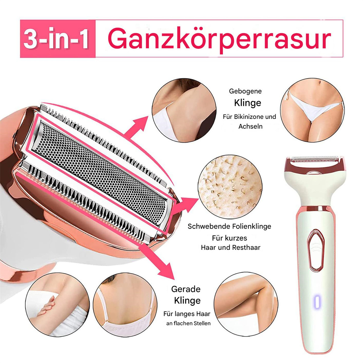 Nahaufnahme eines Damen-Pflegegeräts mit mehreren Aufsätzen und Diagrammen.