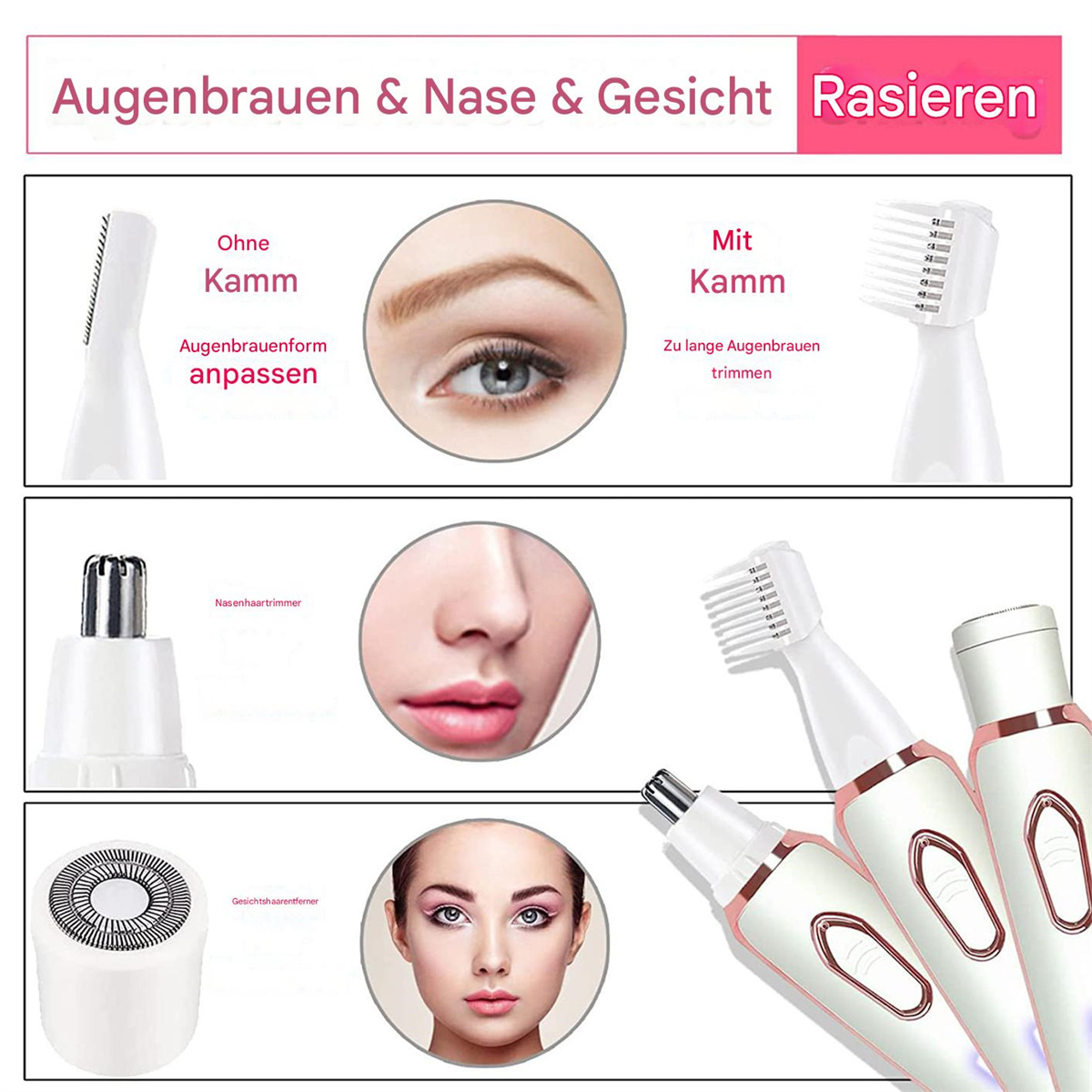 Diagramm mit Augenbrauen-Trimmoptionen und Werkzeugen zur Entfernung von Nasen-/Gesichtshaaren.