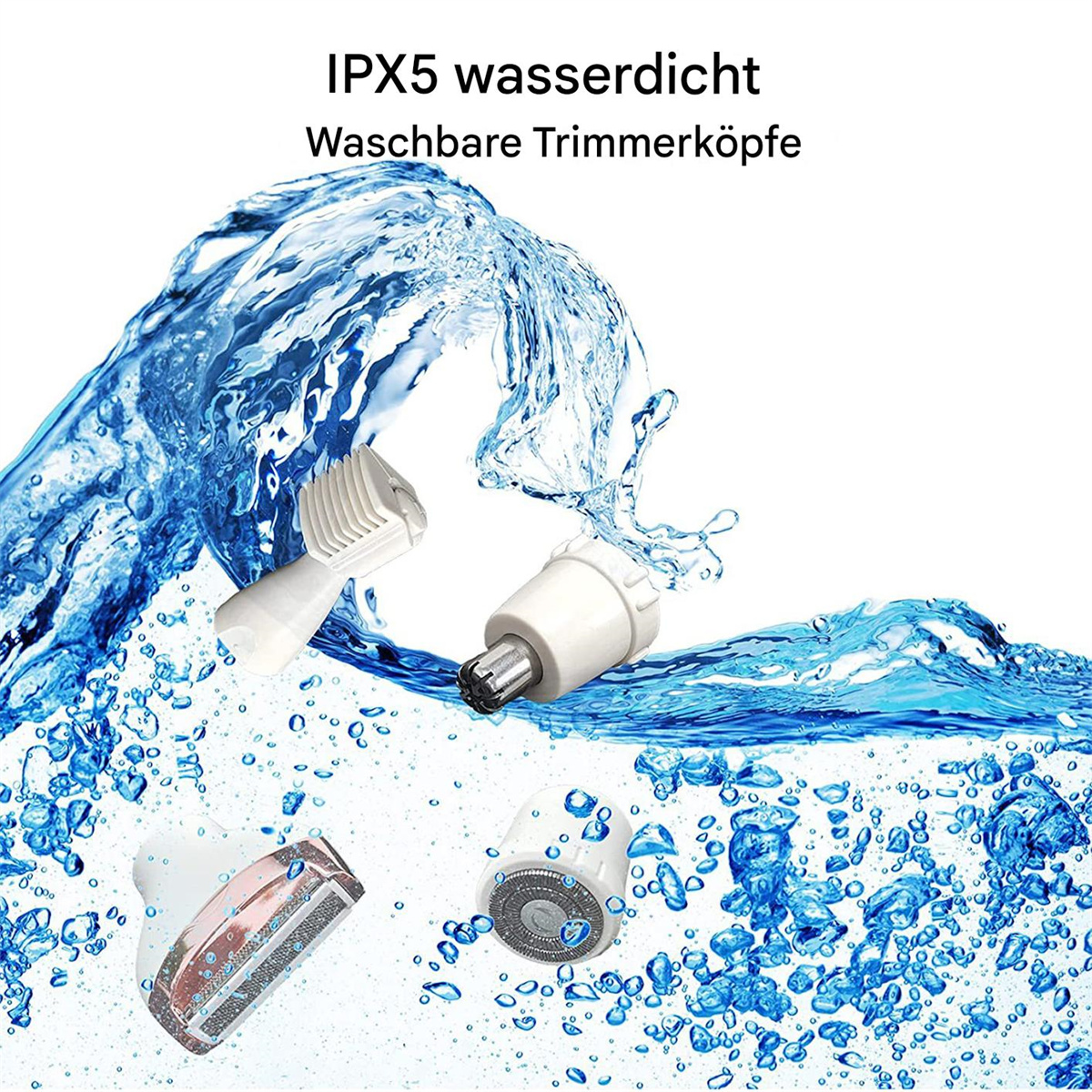Drei Rasierköpfe im Wasser mit Text zur Wasserdichtigkeit.