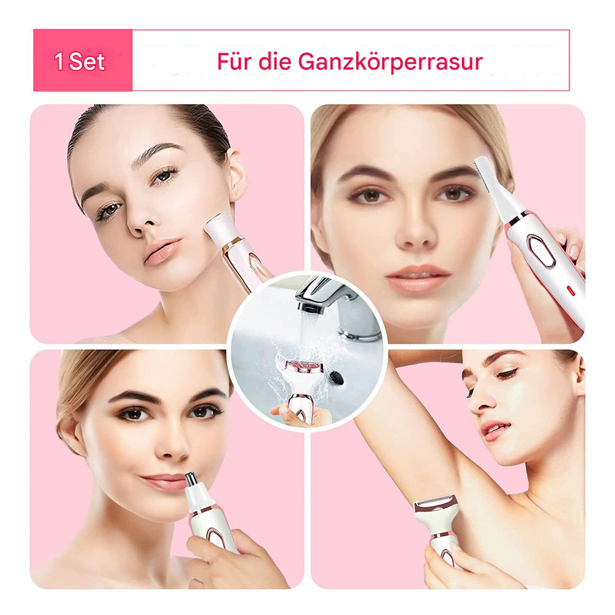 Vier Bilder, die zeigen, wie eine Frau ein weißes und roségoldenes Pflegegerät auf Gesicht, Augenbrauen und Achseln verwendet.