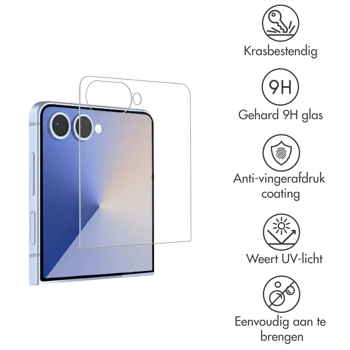 Un téléphone avec protecteur d'écran, caractéristiques : résistant aux rayures, verre 9H, anti-traces, protection UV.