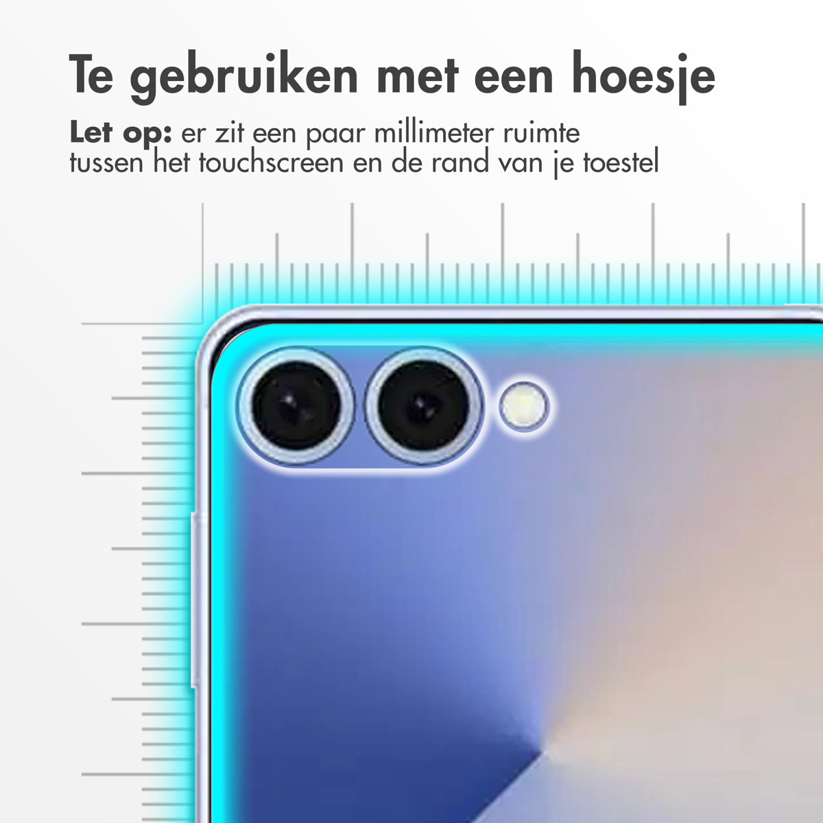 Écran de téléphone avec une coque de protection. Texte en néerlandais: À utiliser avec un étui.