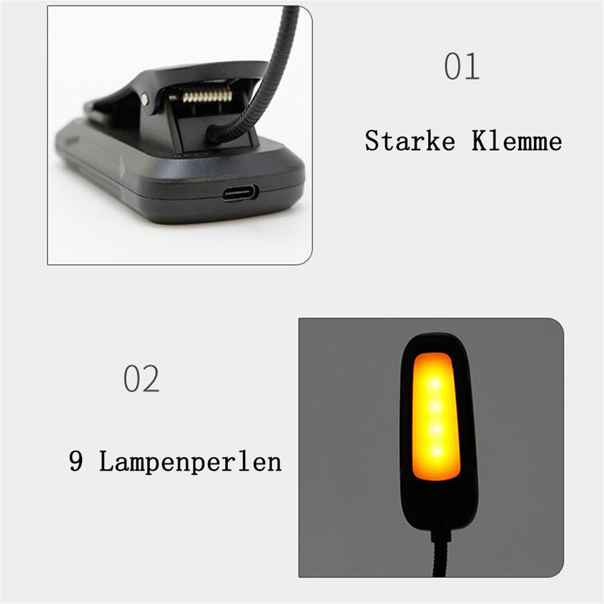 Nahaufnahme einer Leselampe mit hervorgehobenen Merkmalen: starker Klemme, USB-Anschluss und Lampenperlen.