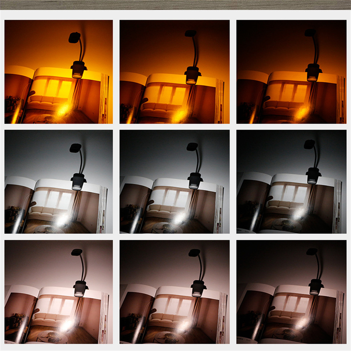 Neun Bilder, die das Licht einer Buchlampe in verschiedenen Farbtemperaturen zeigen.