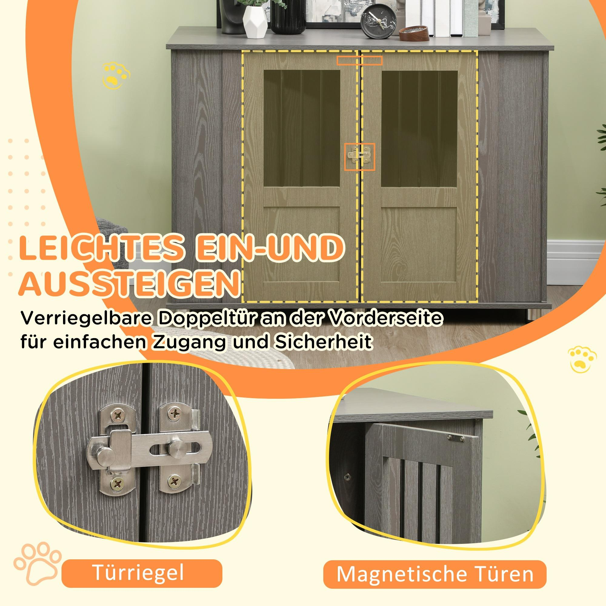 Ein Schrank mit Doppeltüren, einem Schloss und Magnetischen Türen. Text: 'Leichtes Ein- und Aussteigen'.