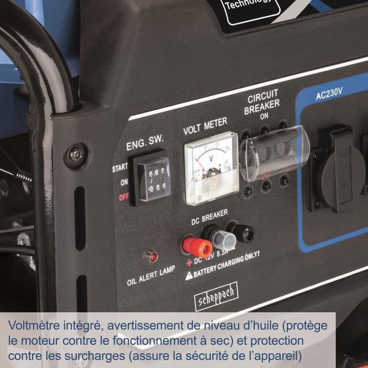 Close-up van een bedieningspaneel van een generator met tekstlabels.