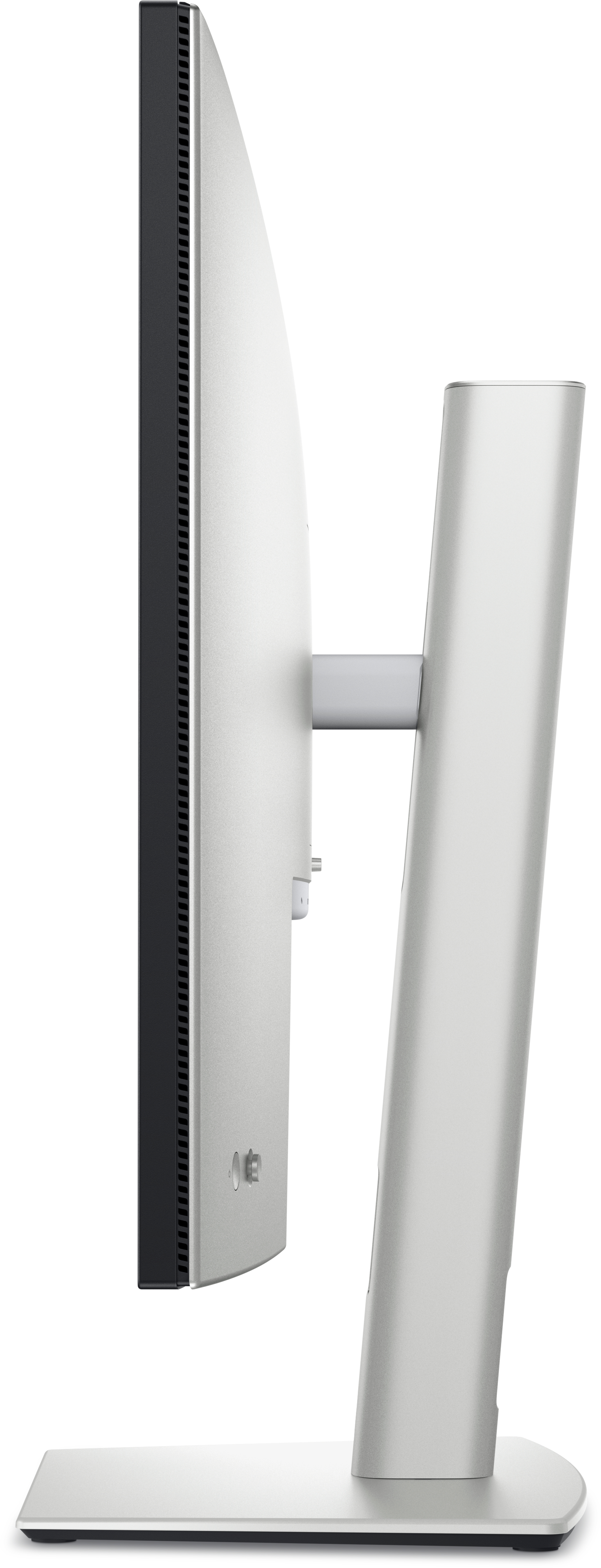 Widok z boku monitora komputera, pokazujący ekran, podstawę i panel boczny.