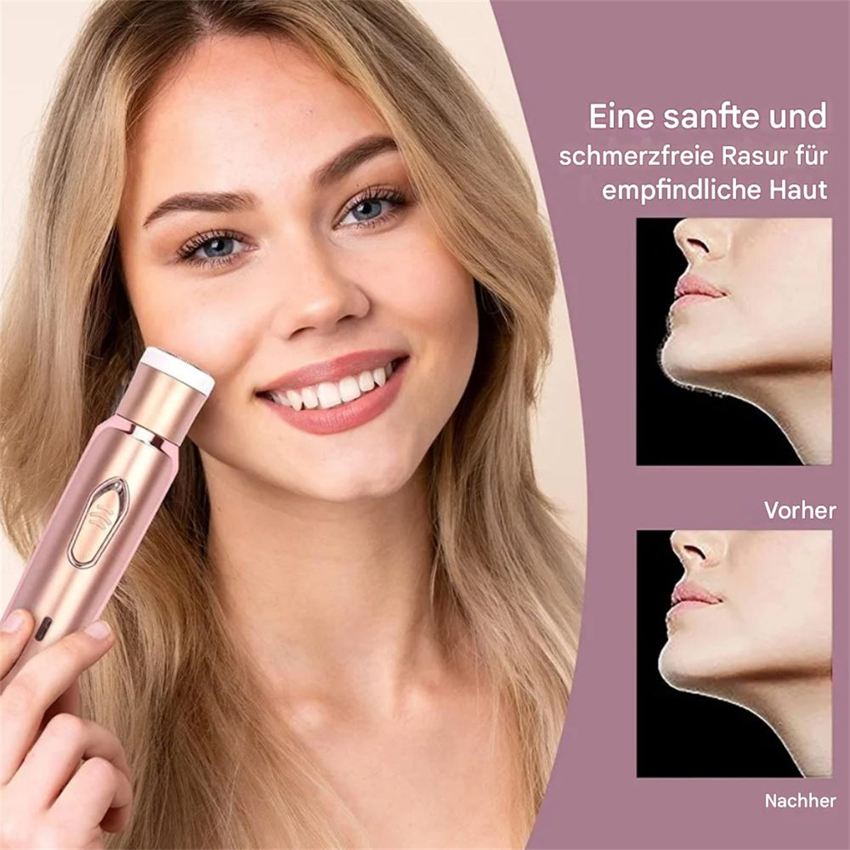 Eine Frau benutzt ein roségoldenes Gesichtshaarentfernungswerkzeug. Vorher- und Nachher-Bilder zeigen glattere Haut.