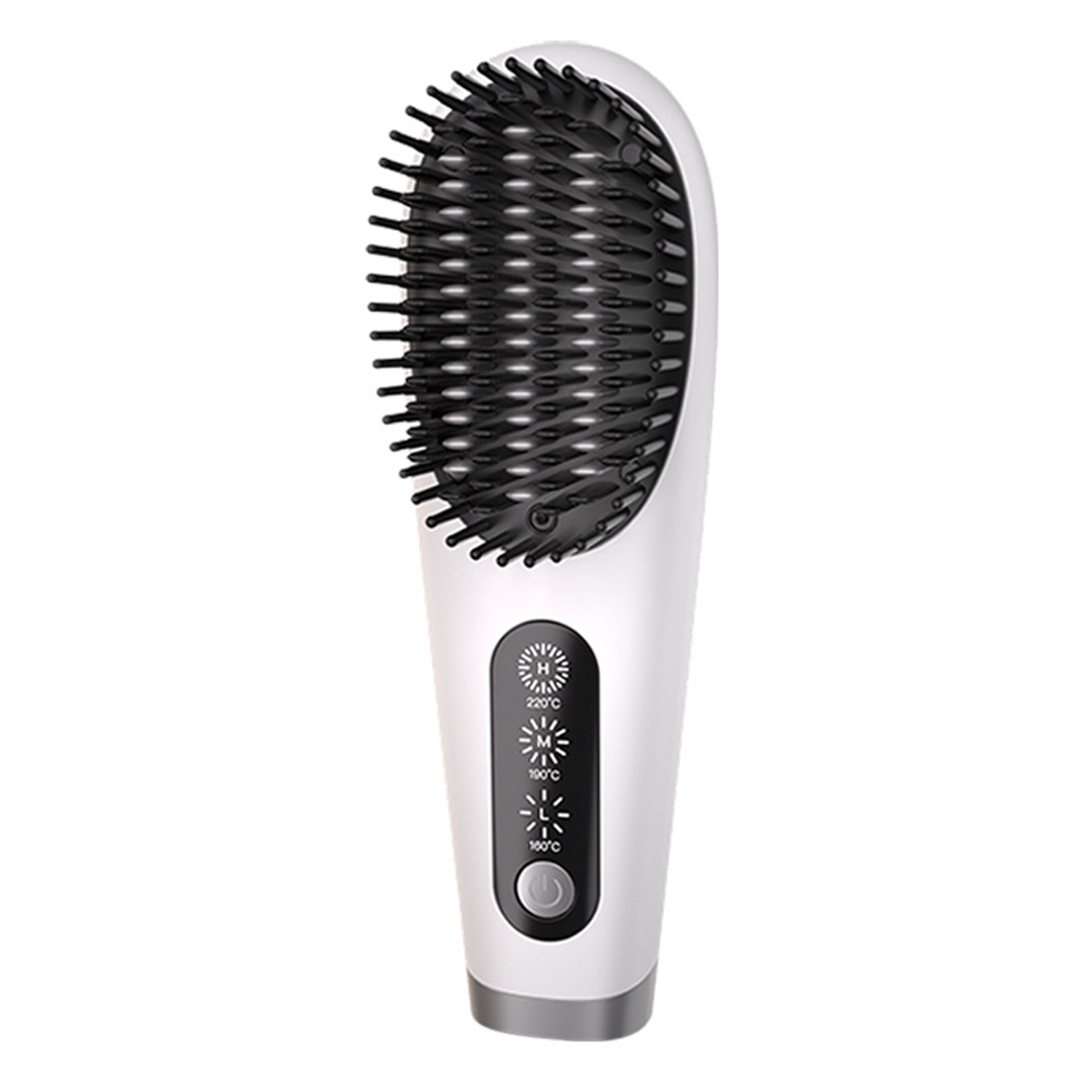 Weißer Haarglätter mit schwarzen Borsten, Digitalanzeige und Ein-/Aus-Taste.