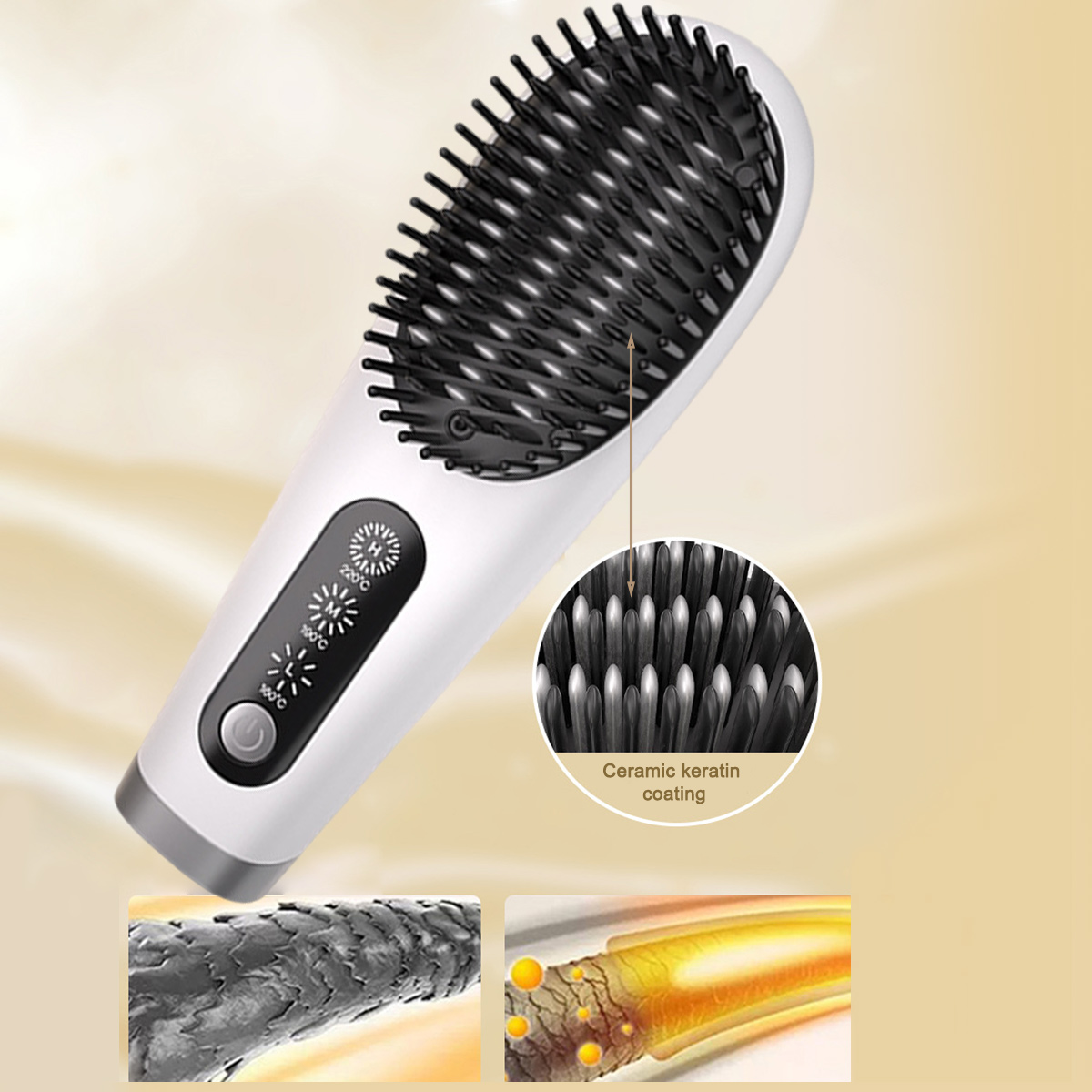 Weißer Haarglätter mit schwarzen Borsten. Vergrößerter Abschnitt mit Keramikbeschichtungsdetail.