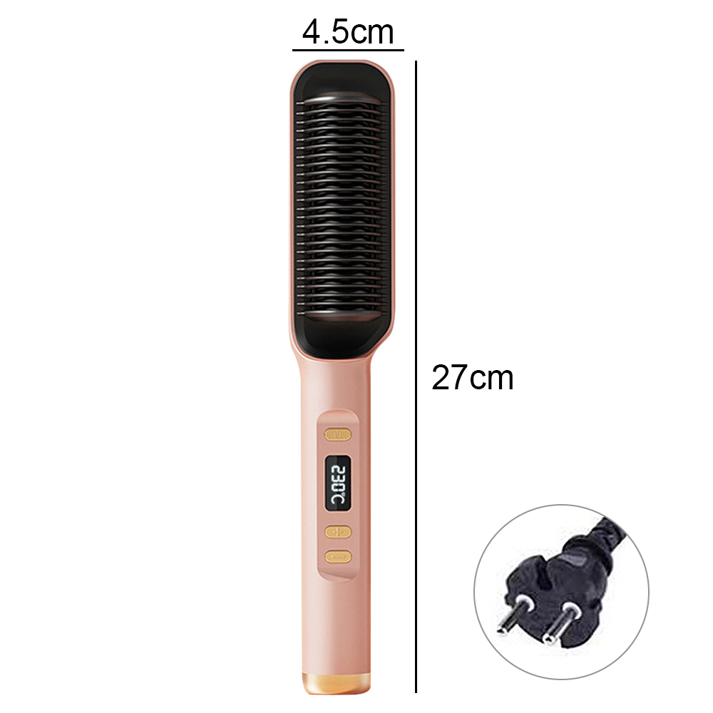 Pinker Haarglätter, Abmessungen und Stecker werden gezeigt, Digitalanzeige für die Temperatur.