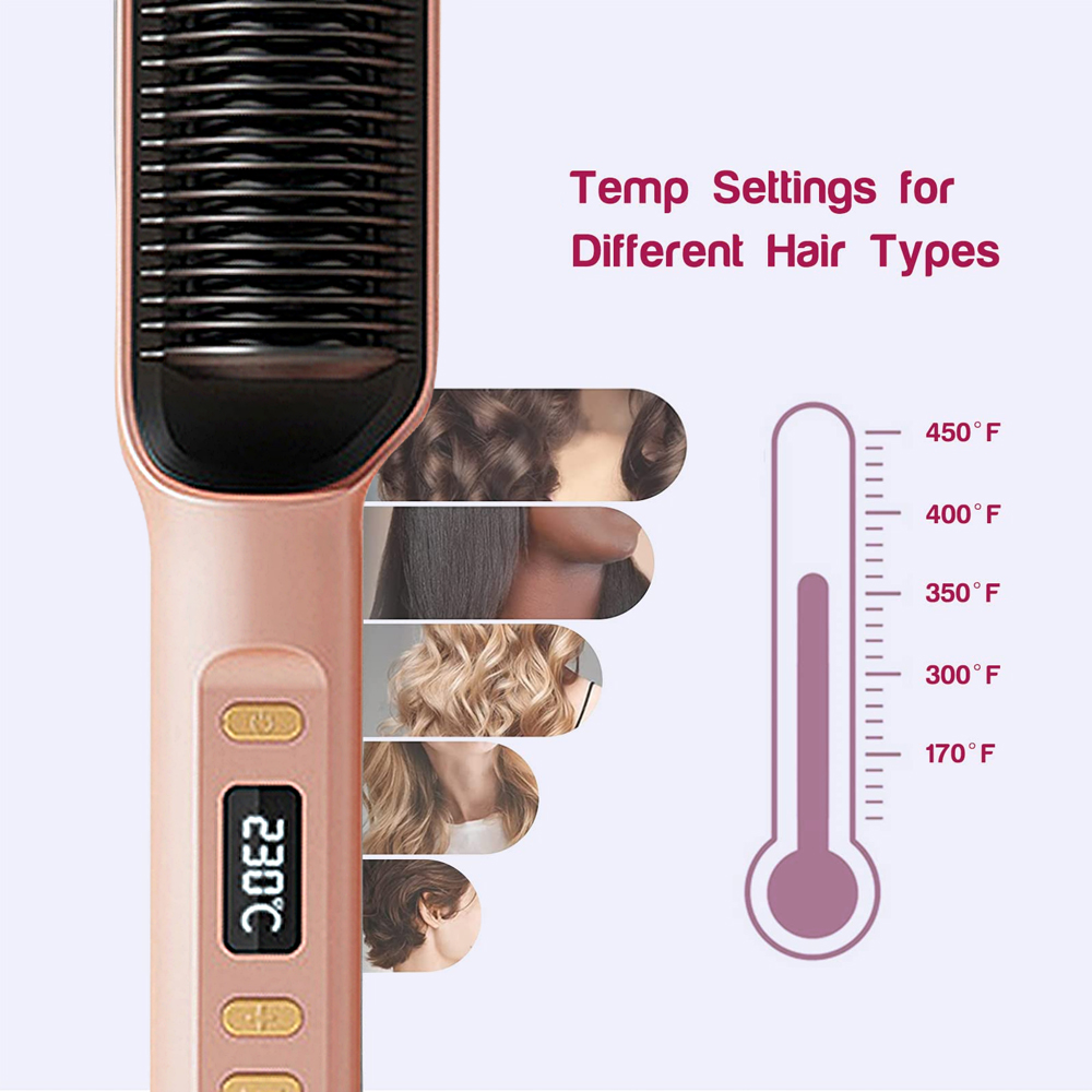 Pinke Haarglättungsbürste mit Temperatureinstellungen für verschiedene Haartypen.