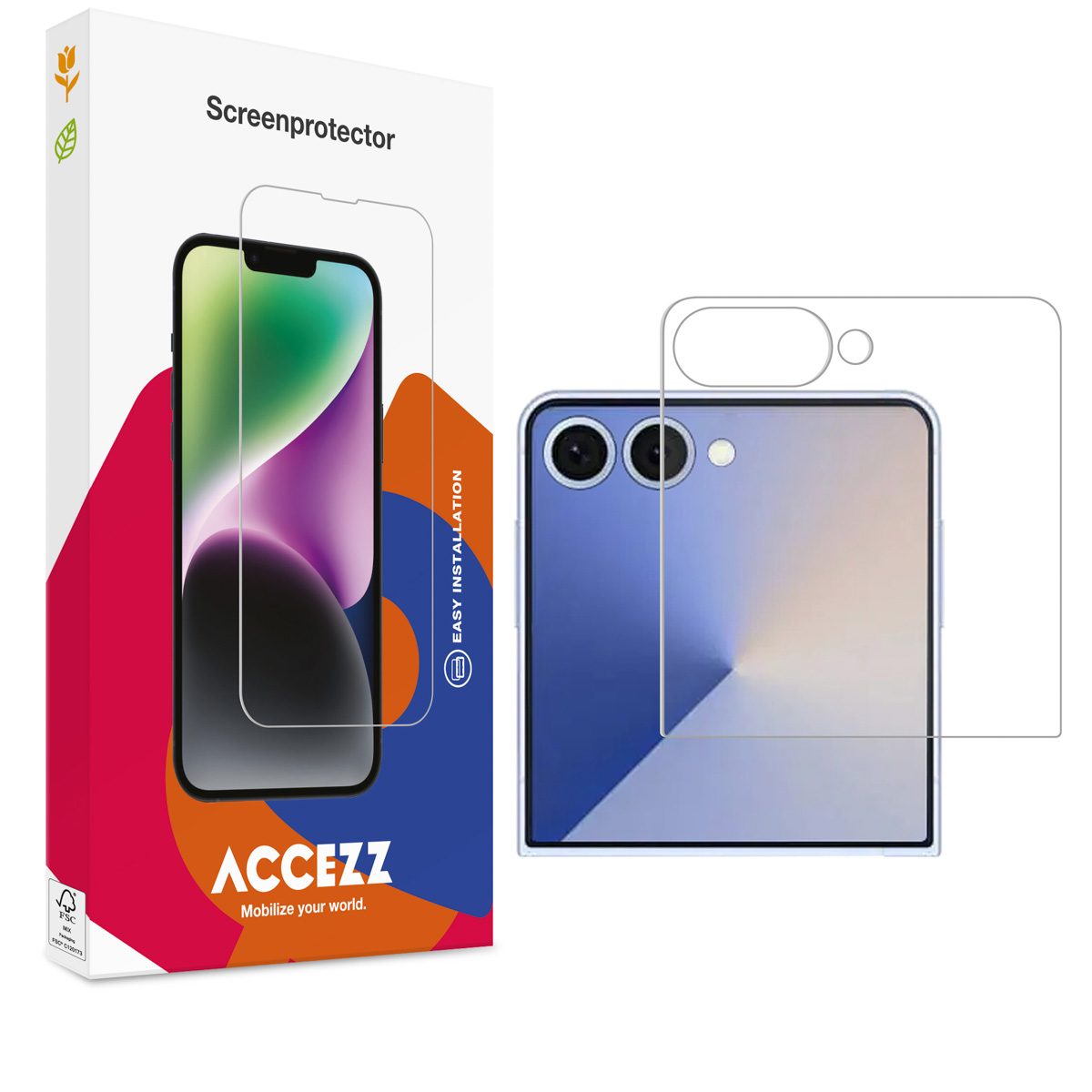 Un kit de protection d'écran pour téléphone. Boîte, protecteur d'écran et téléphone montrant l'application.
