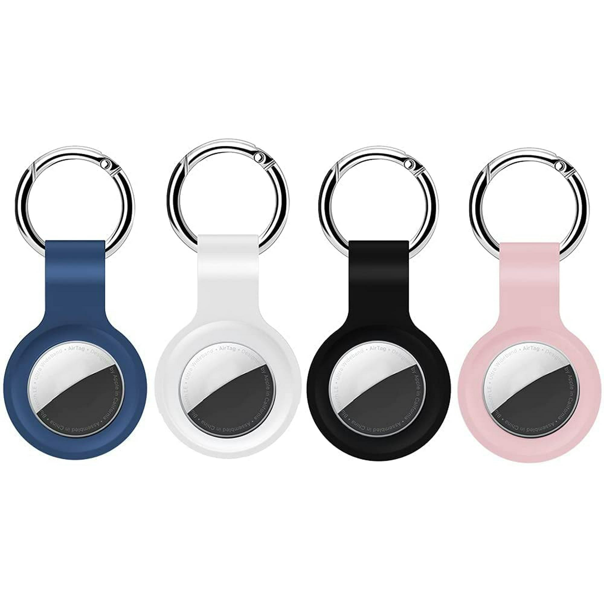Vier AirTag-Schlüsselanhänger in verschiedenen Farben: blau, weiß, schwarz und rosa.