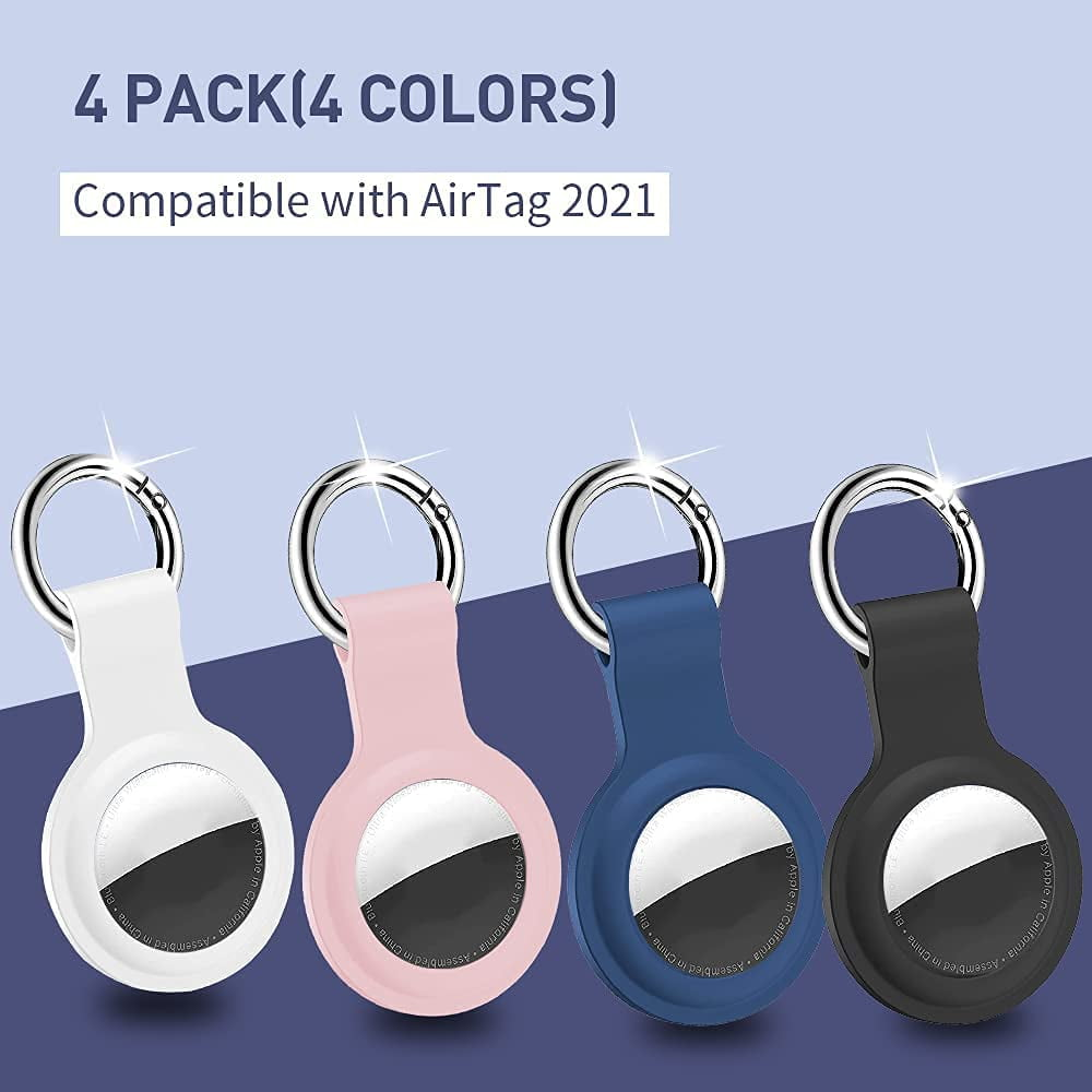 Vier AirTag-Halter in einem Paket: weiß, rosa, blau und schwarz, mit silbernen Schlüsselringen.